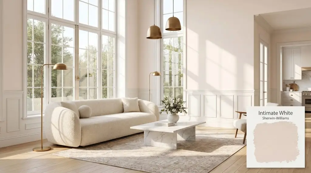 A luminous living room showcasing walls painted in Sherwin-Williams Intimate White (Hex #F0E1D8), featuring a cream bouclé sofa, marble coffee table, and matte brass lighting.