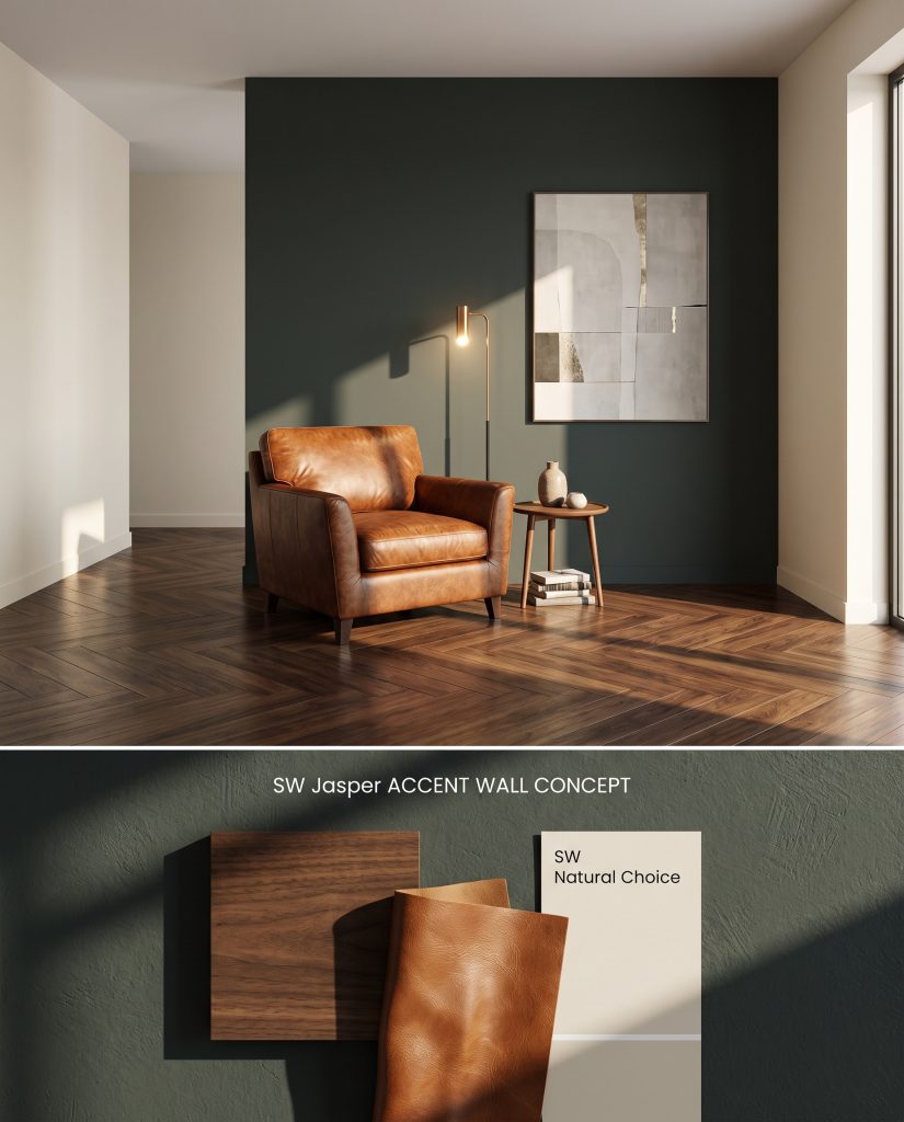 A split conceptual board presenting a Sherwin-Williams Jasper accent wall above a tactile flat-lay featuring dark walnut and cognac leather.