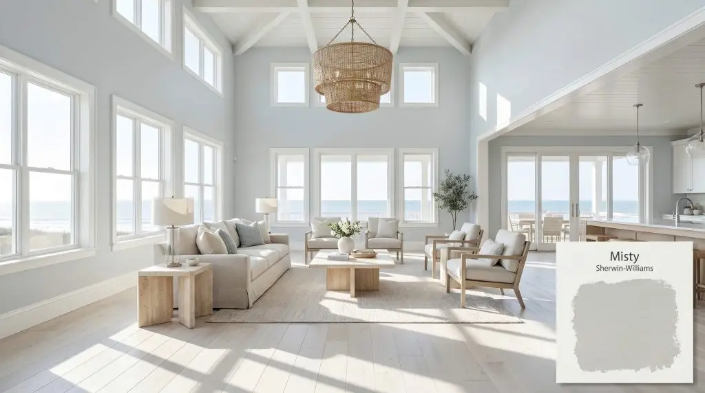 A photorealistic architectural view of an expansive coastal living space painted in Sherwin-Williams Misty (Hex #CDD2D2), featuring white-washed oak flooring and a rattan chandelier.