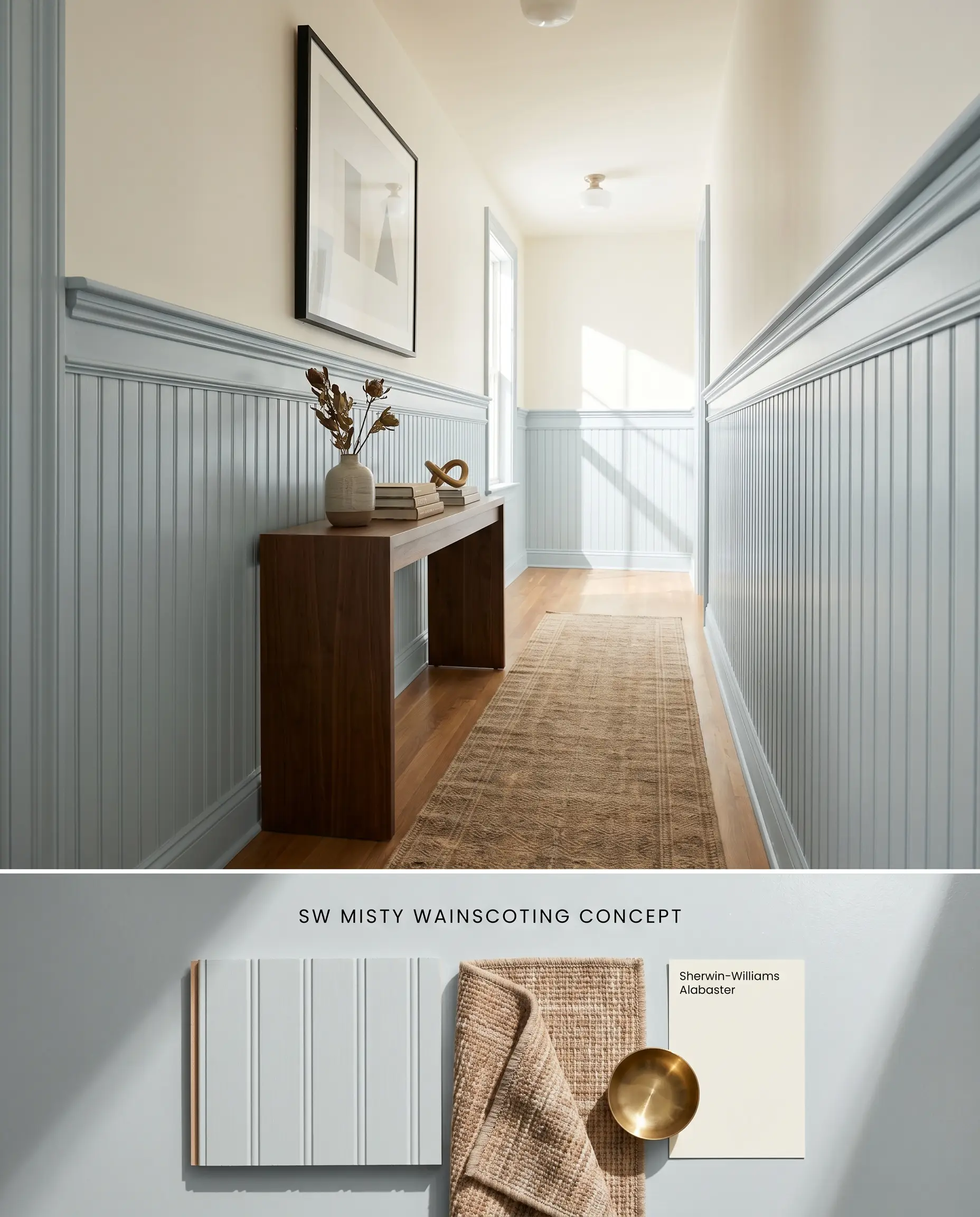 A split digital conceptual board featuring a well-lit hallway with cool architectural finish beadboard on top, and physical grooved wood samples on the textured bottom.