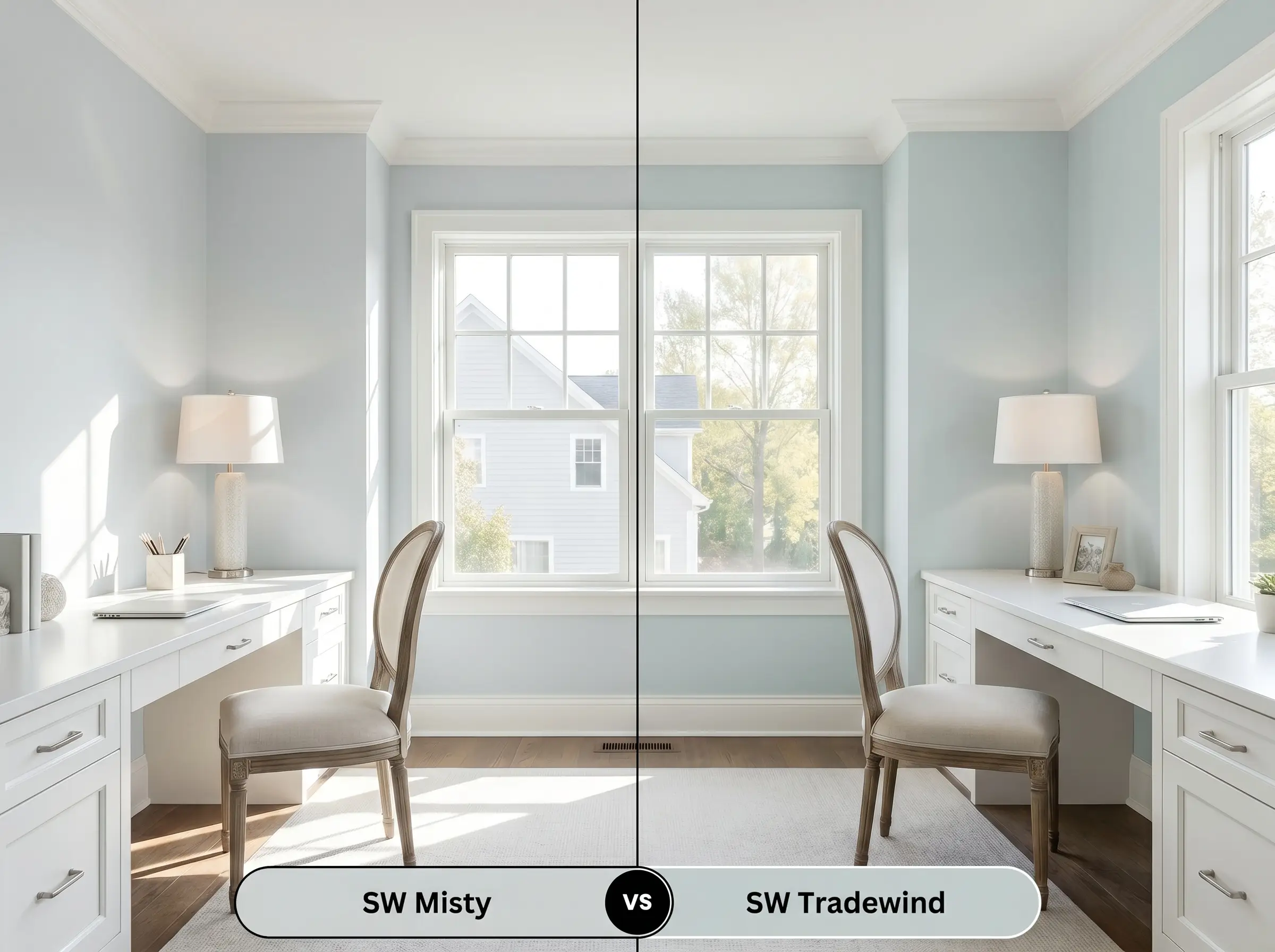 A split-screen comparison board for Sherwin-Williams Misty (Hex #CDD2D2) versus Sherwin-Williams Tradewind (Hex #C2CFCF) in a bright home office with an elegant built-in desk.