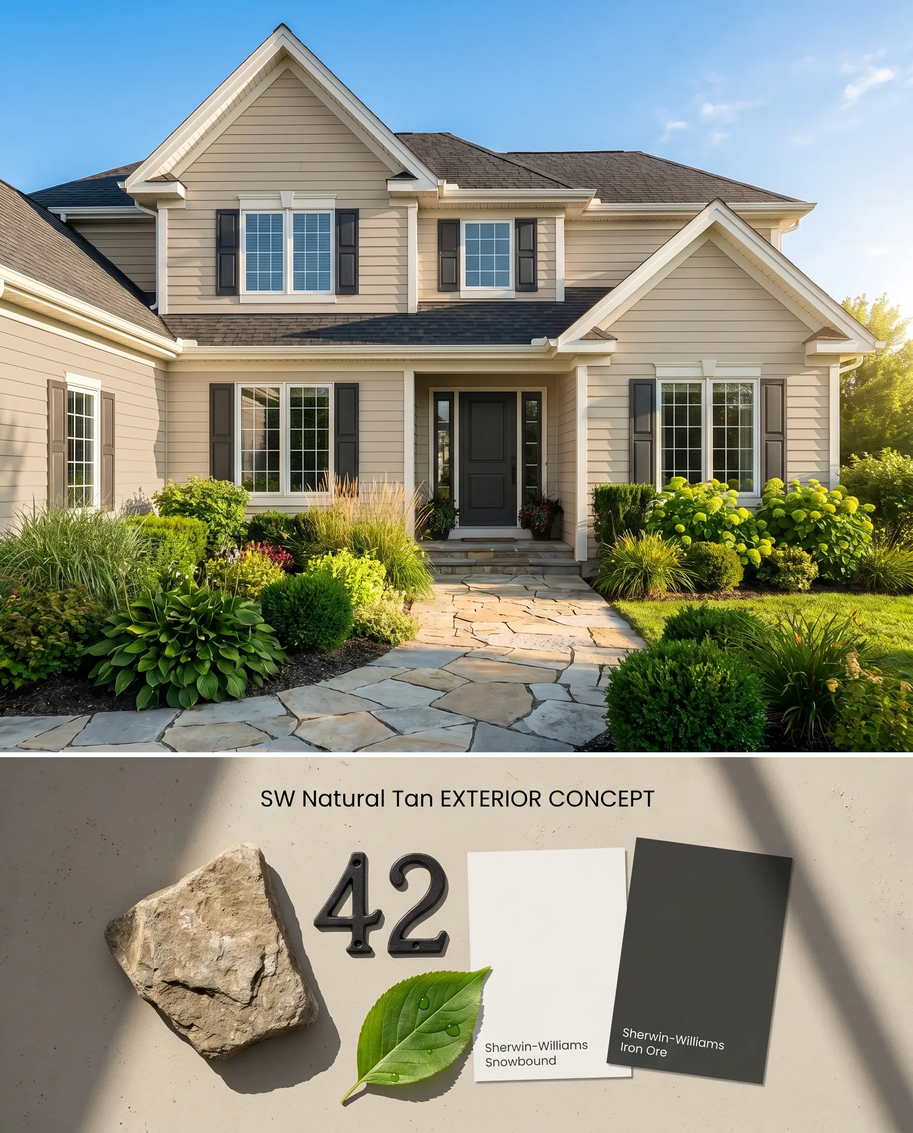 A split digital conceptual board presenting a sunlit exterior house facade with warm neutral siding above, and a heavy-duty paint palette with natural stone and iron accents below.