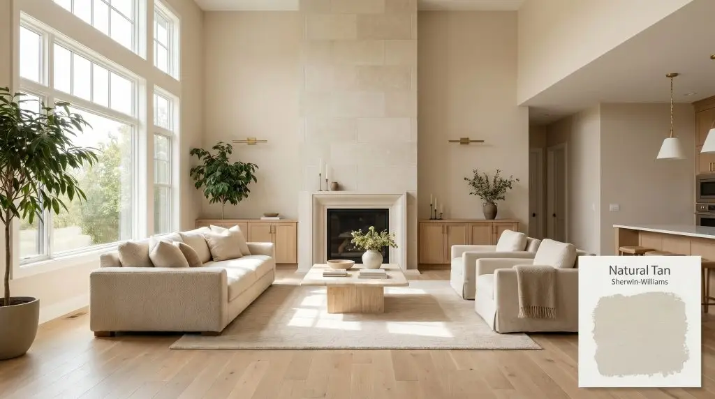 A spacious open-concept living room painted in Sherwin-Williams Natural Tan (Hex #DCD2C3), featuring a floor-to-ceiling honed limestone fireplace and matte white oak flooring.