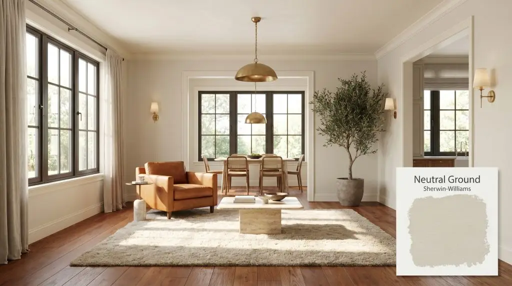 A photorealistic open-concept living space painted in Sherwin-Williams Neutral Ground (Hex #E2DACA), featuring red oak floors, cognac leather armchairs, and unlacquered brass fixtures.