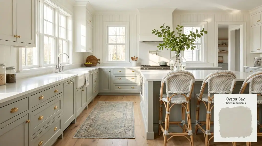 A wide architectural shot of a coastal kitchen featuring lower cabinets painted in Sherwin-Williams Oyster Bay (Hex #AEB3A9), white quartz countertops, and unlacquered brass hardware.