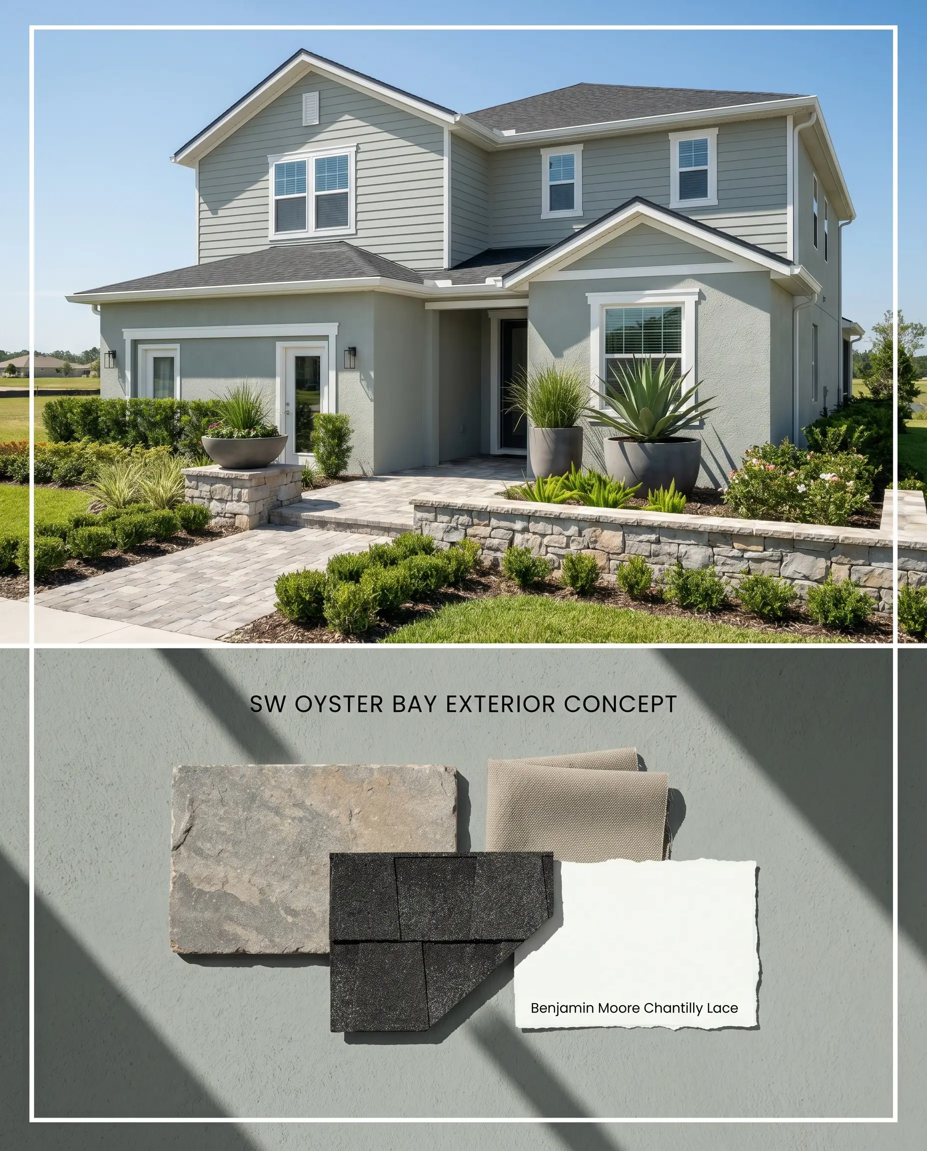 A split digital conceptual board for an exterior featuring slate blue undertones on stucco above, and a flat-lay of stone pavers and charcoal shingles below.