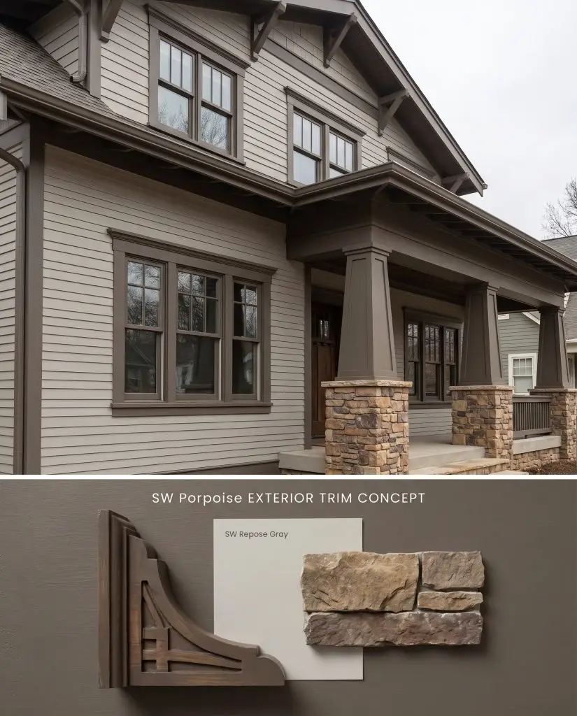 A split conceptual board presenting Sherwin-Williams Porpoise exterior trim above a tactile flat-lay featuring natural stone veneer and wood corbels.