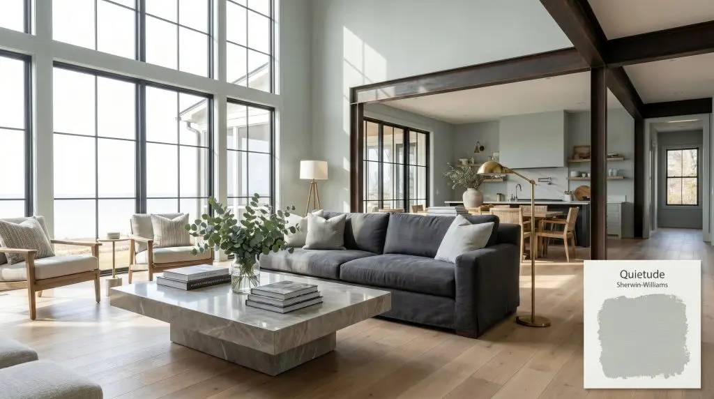 A photorealistic expansive living room painted in Sherwin-Williams Quietude (Hex #ADBBB2) featuring white oak flooring, a charcoal linen sofa, and abundant Southern sunshine.