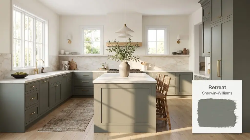 A photorealistic wide shot of an inviting kitchen with lower cabinetry painted in Sherwin-Williams Retreat (Hex #7A8076), featuring unlacquered brass hardware and honed Danby marble countertops.