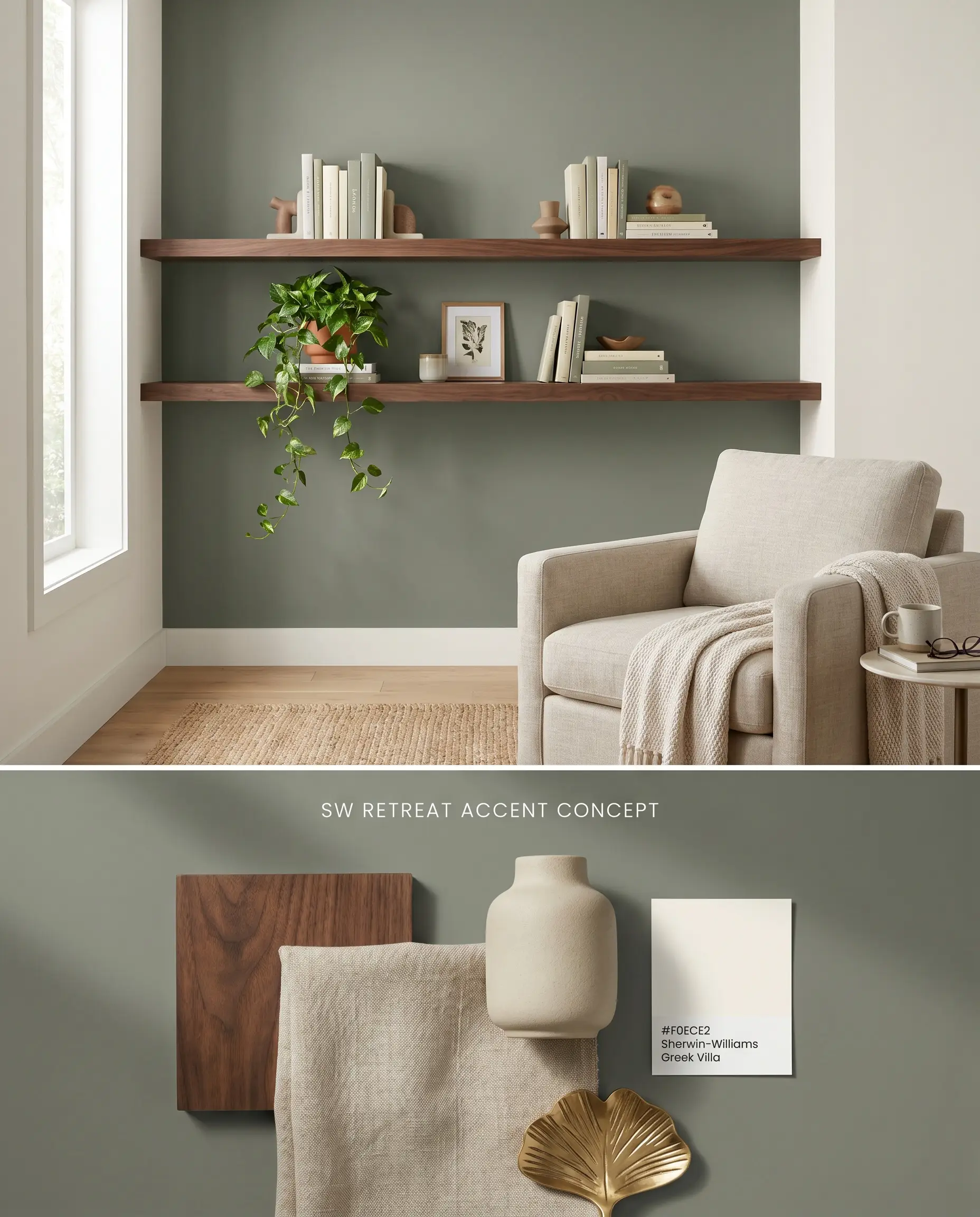 A split digital conceptual board presenting a living room with a green-gray neutral accent wall on top, and a flat-lay of rich walnut wood and beige linen fabric on the bottom.