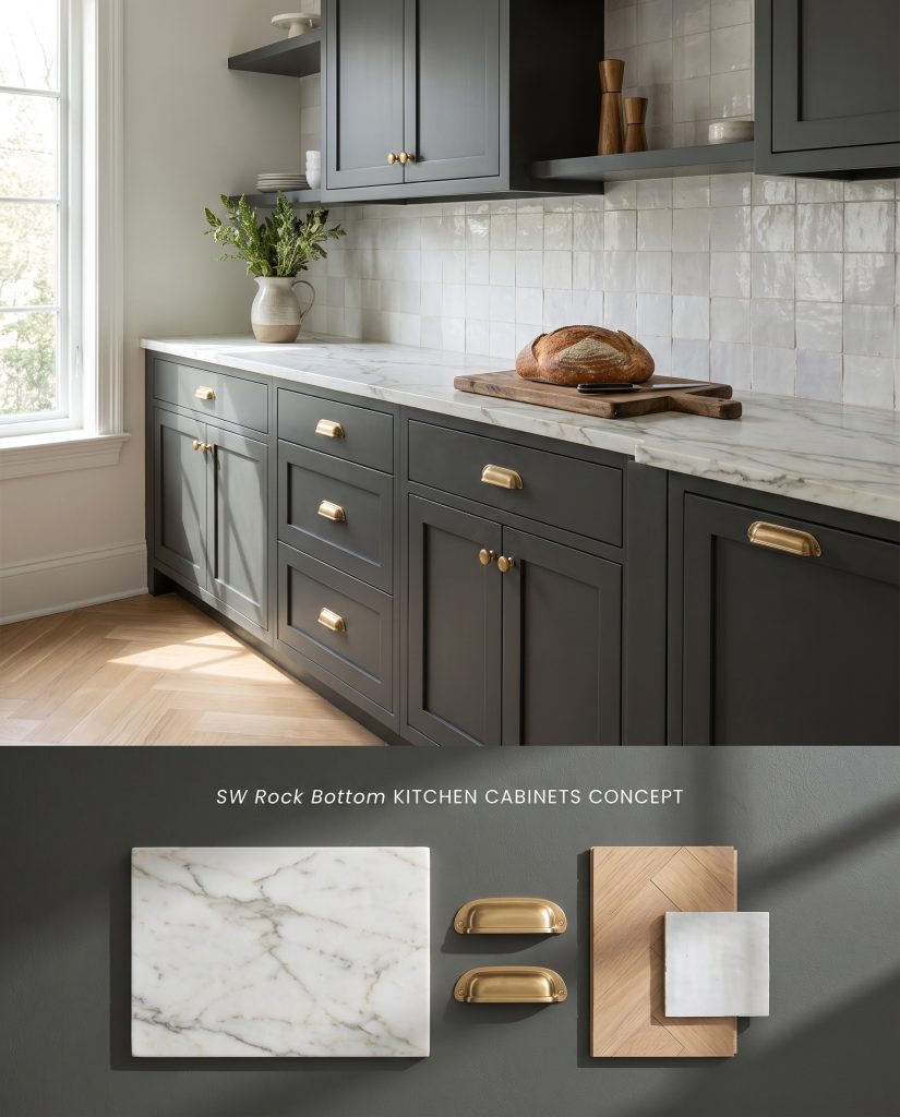 A split digital conceptual board for a kitchen featuring Sherwin-Williams Rock Bottom cabinets on top, with marble and brass physical samples below.