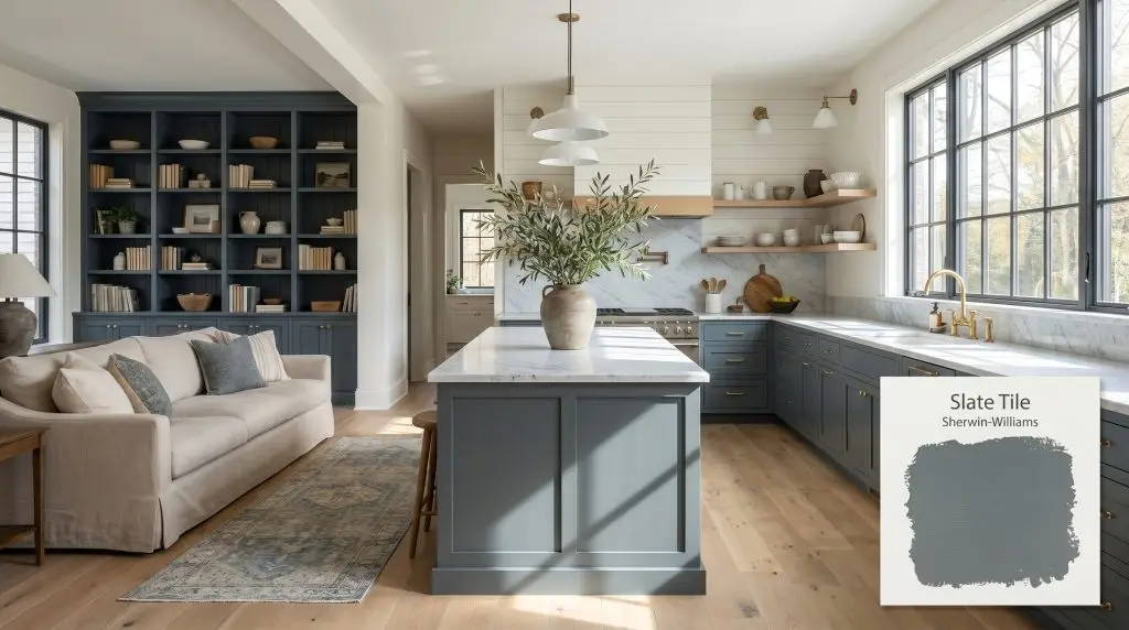 A photorealistic open-plan kitchen and living space featuring lower cabinetry and a built-in bookcase painted in Sherwin-Williams Slate Tile (Hex #606E74), with marble countertops and white oak flooring.