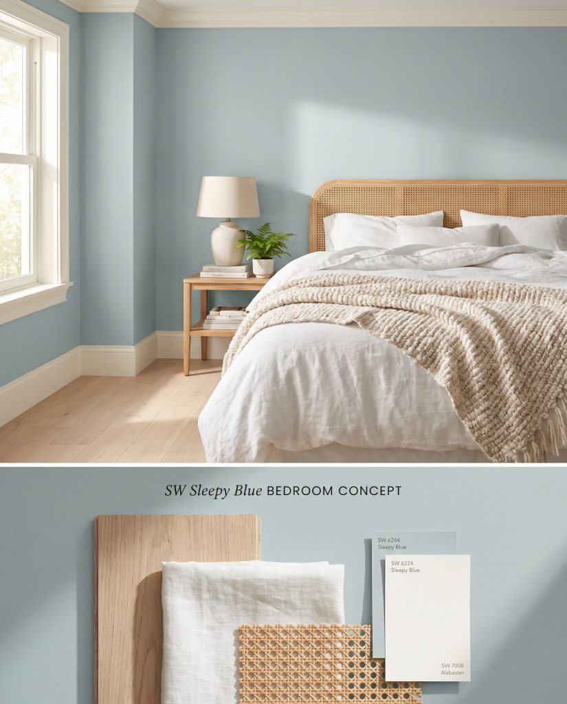A split digital conceptual board for a bedroom with Sherwin-Williams Sleepy Blue walls on top, and bleached oak and rattan samples below.