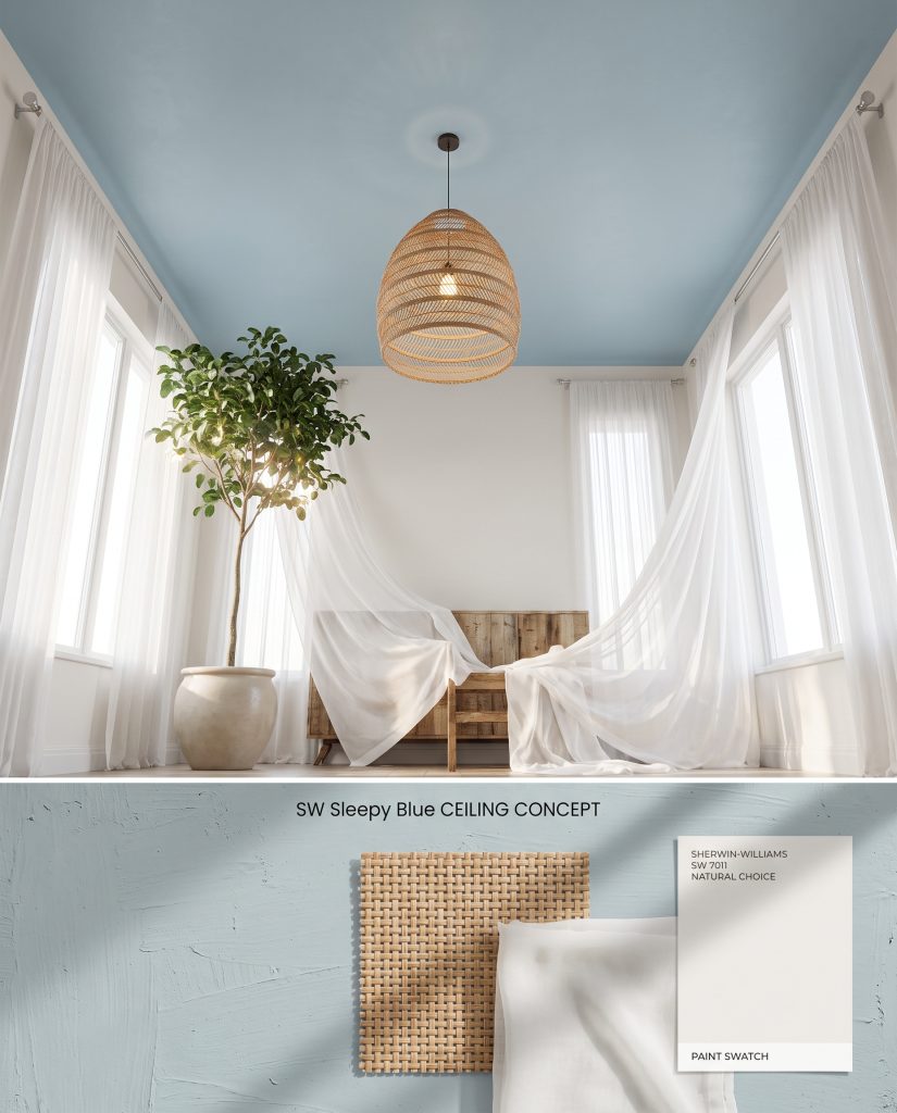 A digital conceptual board displaying a painted light blue ceiling with a woven pendant above, and sheer fabric swatches below.