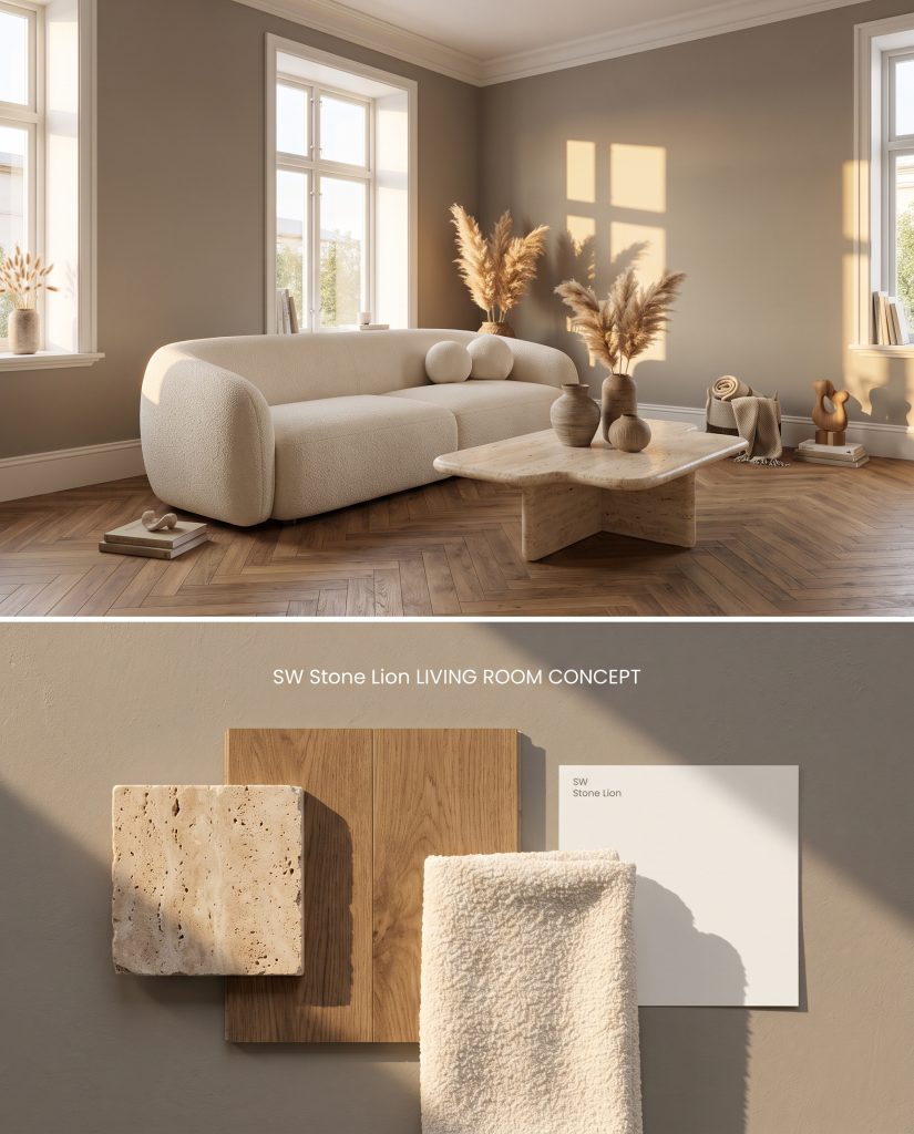 A split digital conceptual board for a living room featuring Sherwin-Williams Stone Lion walls on top, with travertine and boucle samples below.