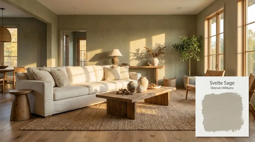 A creamy white linen sofa sits on natural oak flooring against walls painted in Sherwin-Williams Svelte Sage (Hex #B2AC96) under warm afternoon sunlight.