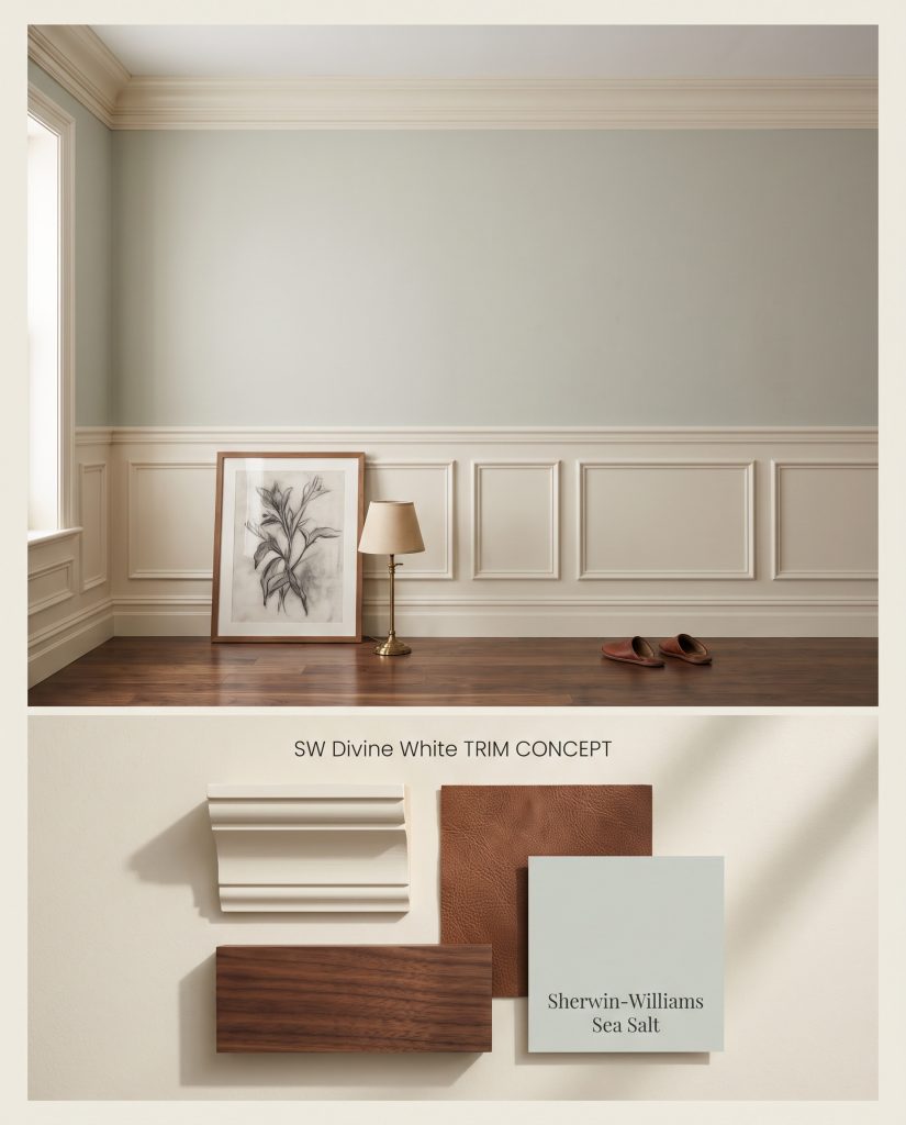 A split digital conceptual board highlighting detailed crown molding and wainscoting above, with physical dark walnut and leather swatches below.