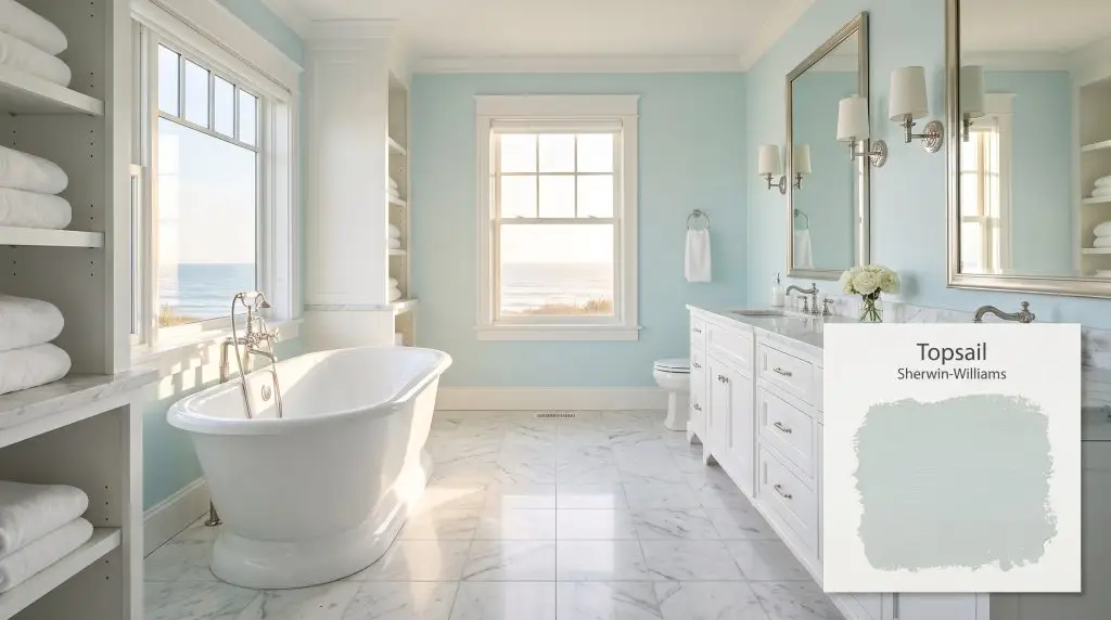 Morning sunlight reflects off white marble floor tiles and a freestanding bathtub in a bright bathroom painted in Topsail (Hex #DAE2E0).