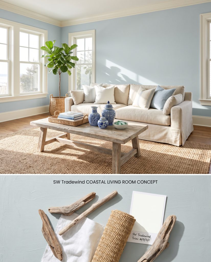 A split digital conceptual board for a coastal living room featuring Sherwin-Williams Tradewind walls on top, with driftwood and linen samples below.