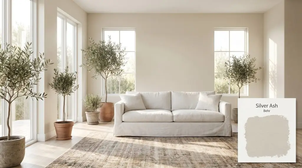 Potted olive trees and a white slipcovered sofa rest on a vintage wool rug beneath walls painted in Behr GR-W11 (Hex #dddbd0).
