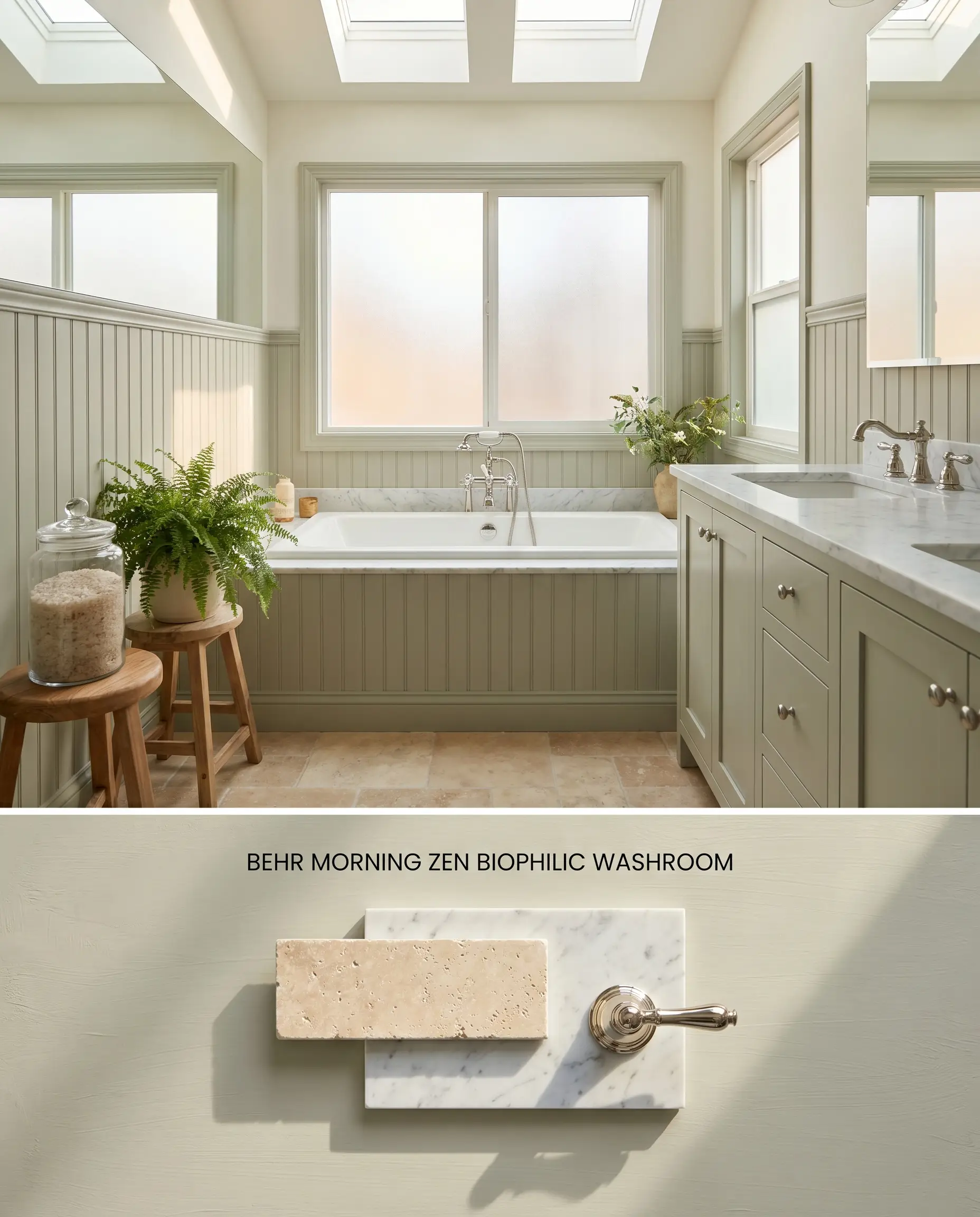 A split digital conceptual board showcasing a washroom with gray-green beadboard wainscoting above, and a flat-lay of tumbled travertine and Carrara marble below.