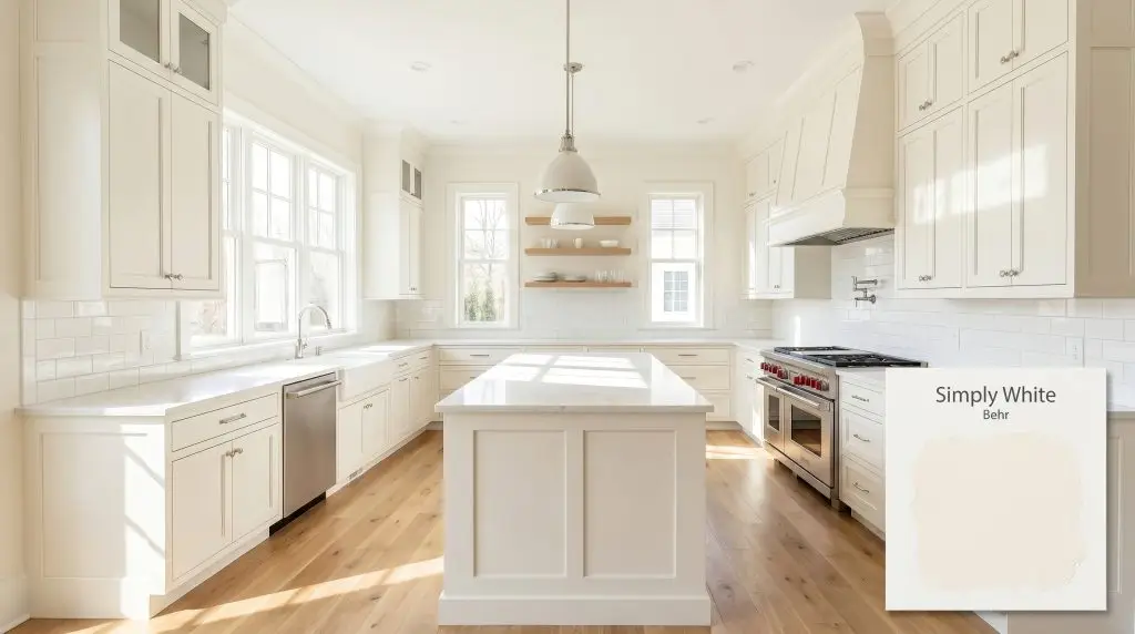 Brilliant morning light illuminates white quartz countertops, a subway tile backsplash, and light oak floors alongside Simply White (Hex #f5f1e4) cabinetry.