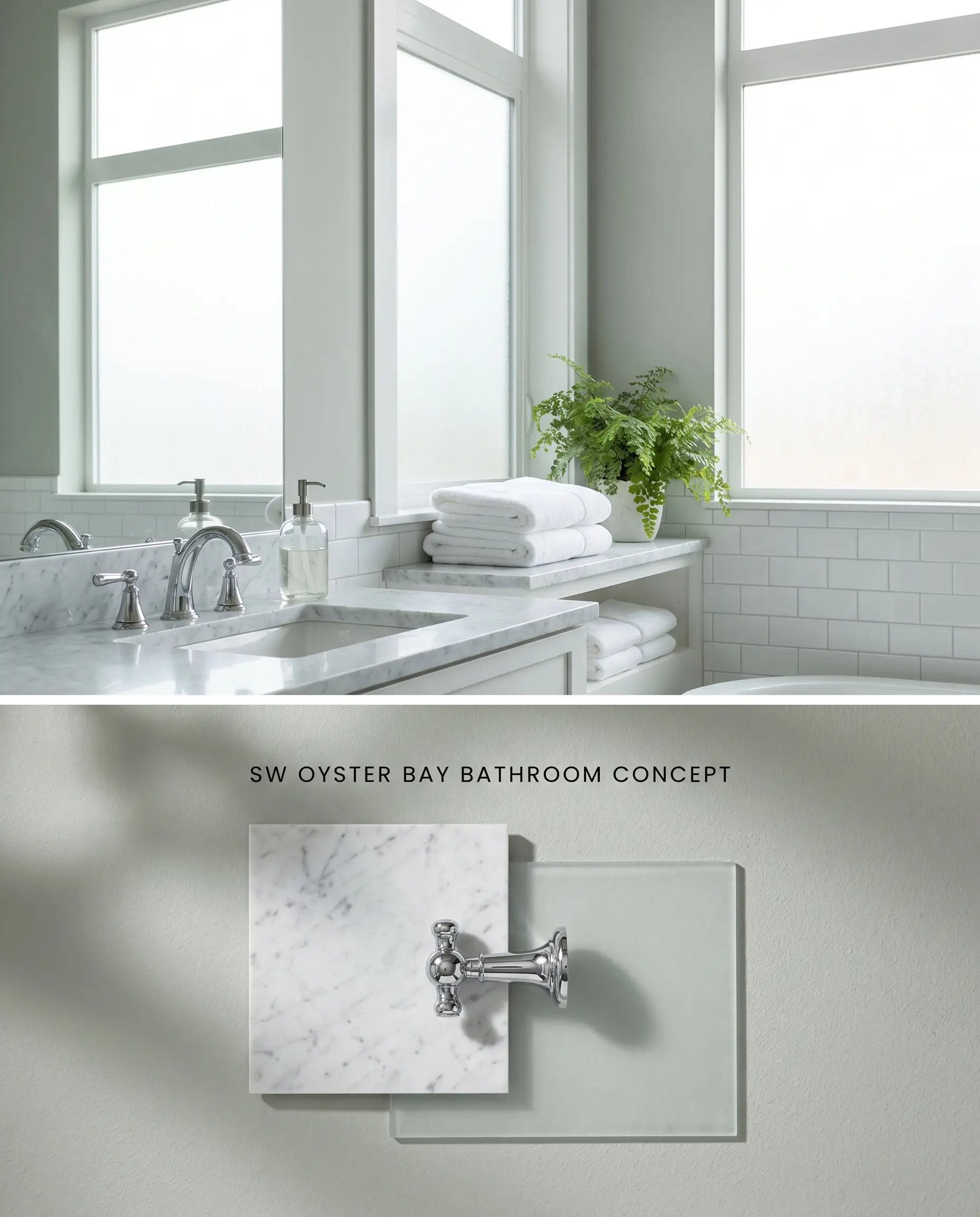 A split digital conceptual board for a bathroom displaying SW 6206 painted walls above, and a flat-lay of Carrara marble and polished chrome below.