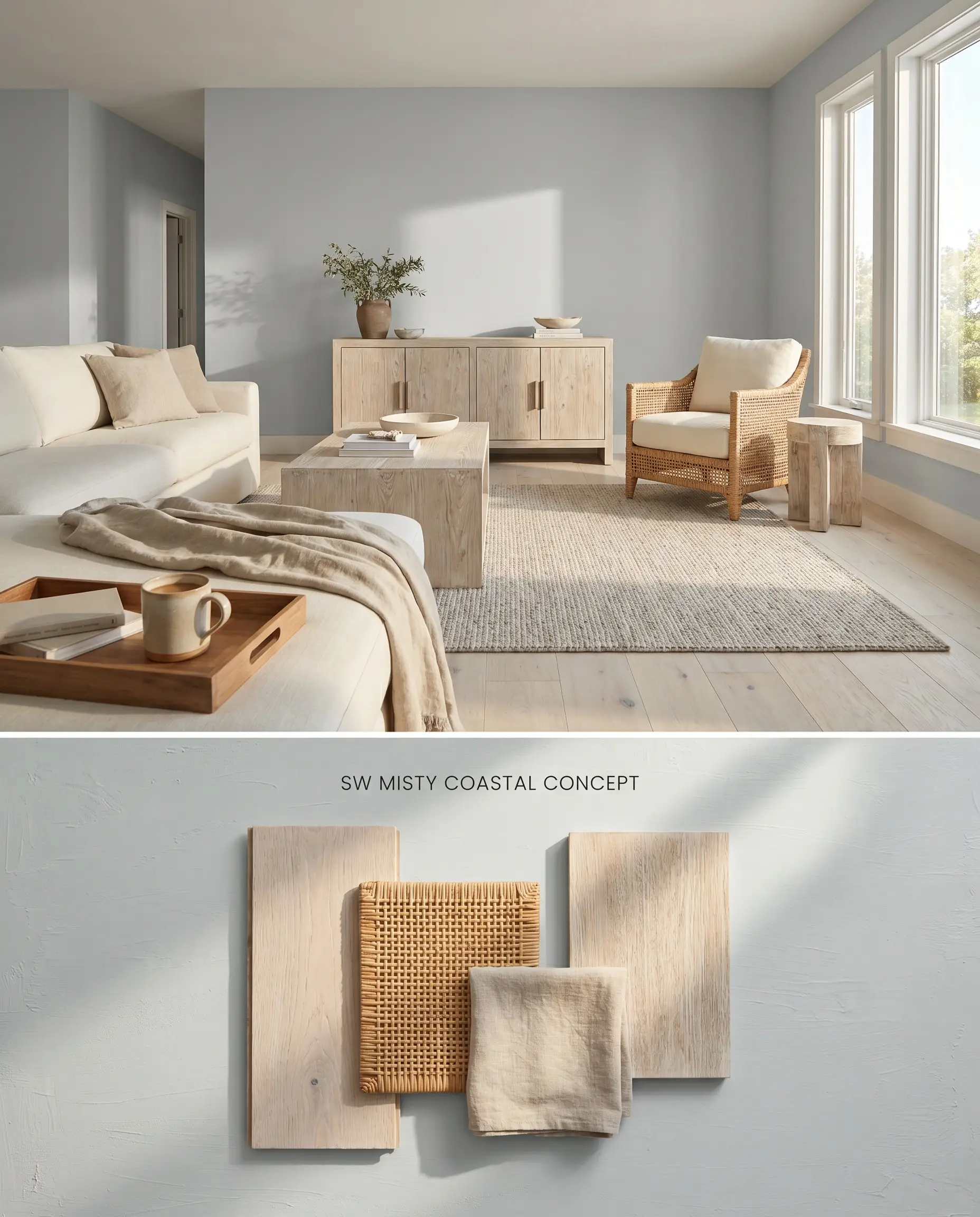 A split digital conceptual board displaying a coastal palette living room above, and a flat-lay of white-washed oak and woven rattan textures below.