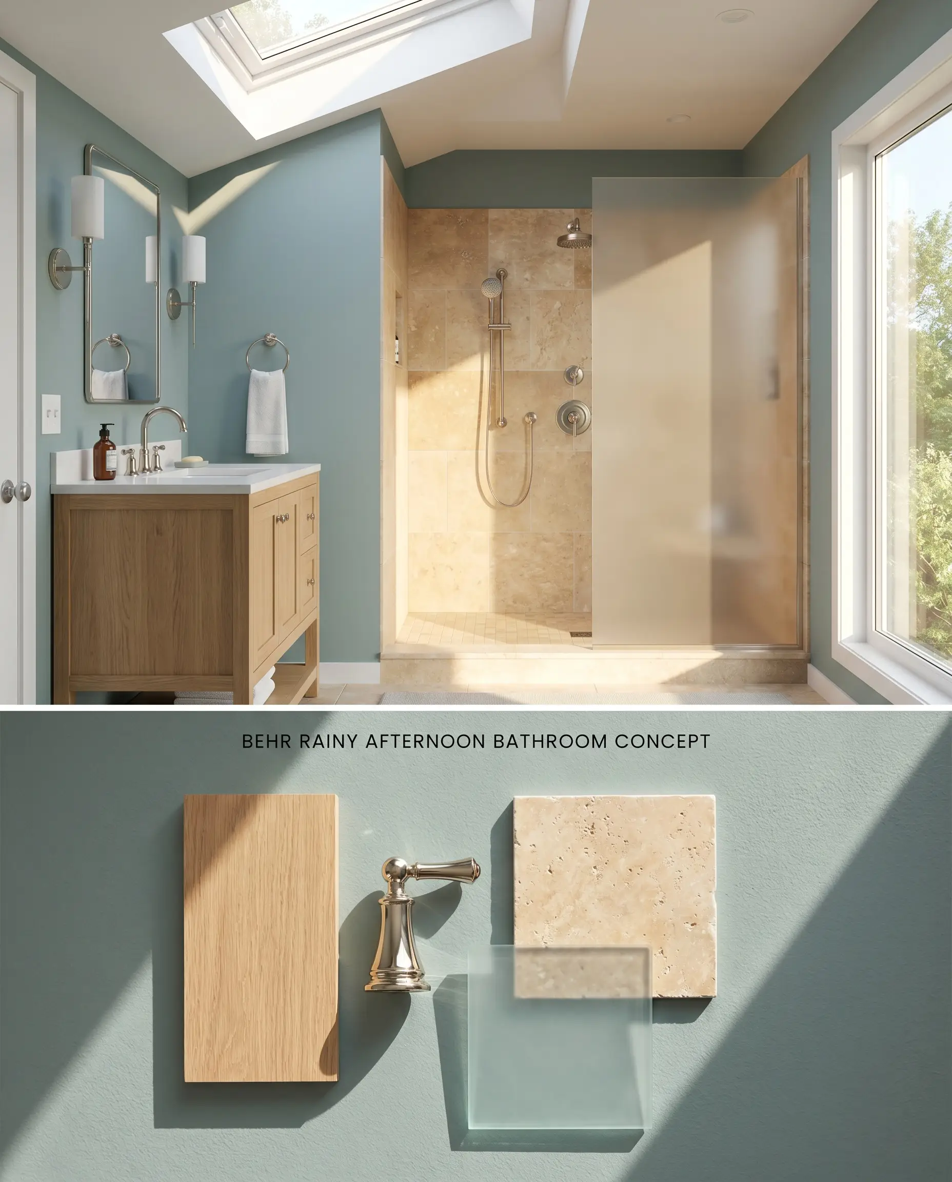 A split digital conceptual board featuring a bathroom painted in Behr N430-4 above, paired with a tactile flat-lay of travertine tile and polished nickel below.