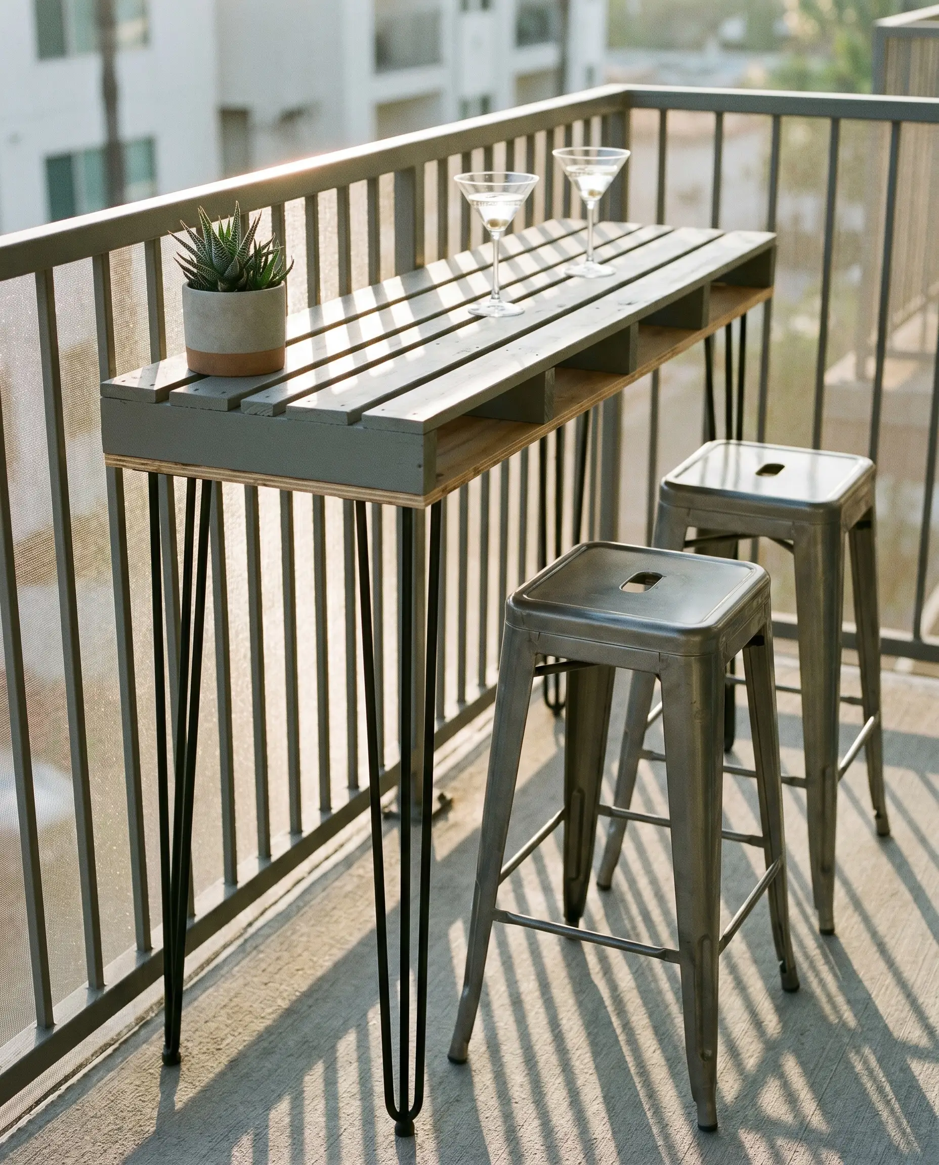 A narrow slatted bar table built from structural wood painted in Behr Slate Rock stands on powder-coated hairpin legs alongside two metal bar stools.