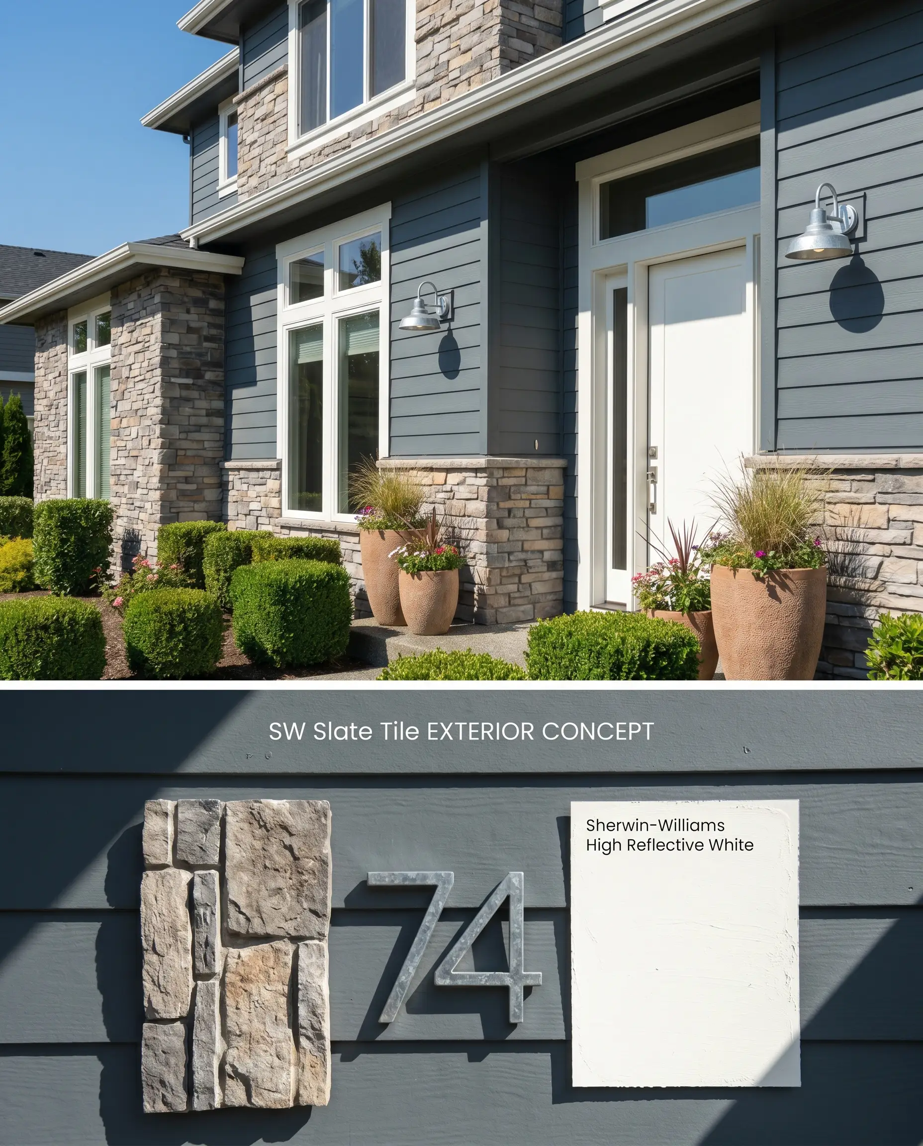 An architectural concept layout showing Sherwin-Williams Slate Tile exterior siding on top, complemented by physical materials like stone veneer on the textured lower section.