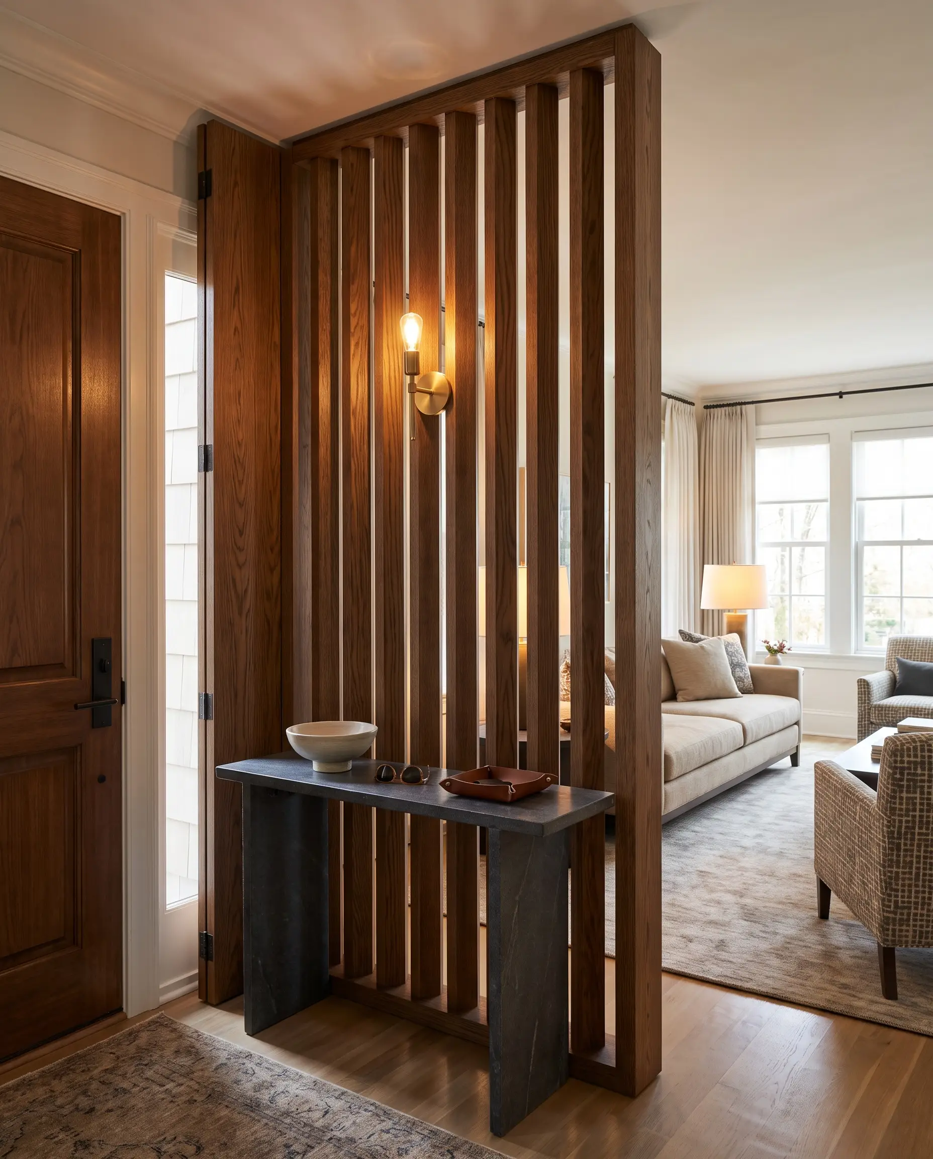 A heavy slatted oak room divider stands perpendicular to a front door, supporting a narrow stone console table and a brass sconce to fabricate an entryway foyer.