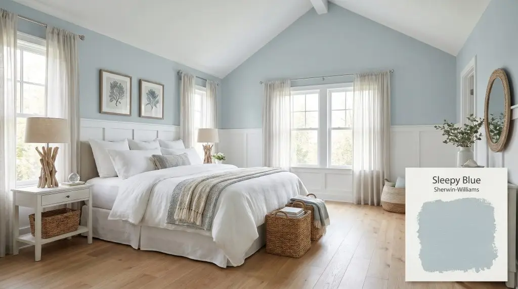 Crisp white wainscoting, a vaulted ceiling, and light oak floors frame a serene primary bedroom showcasing Sleepy Blue (Hex #BCCBCE) walls.