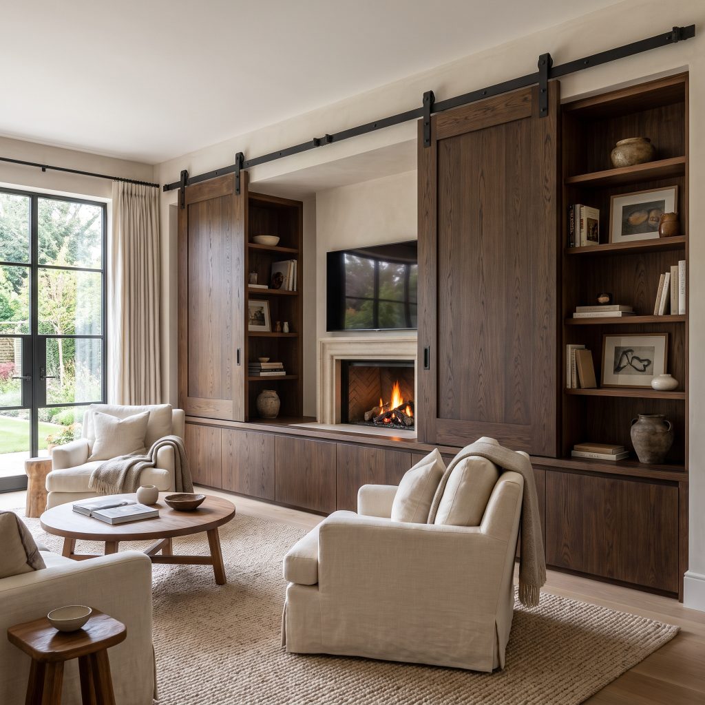 Heavy bespoke sliding pocket doors on industrial tracks partially cover a recessed media bay, revealing styled shelves and monolithic base cabinetry in a curated living room.