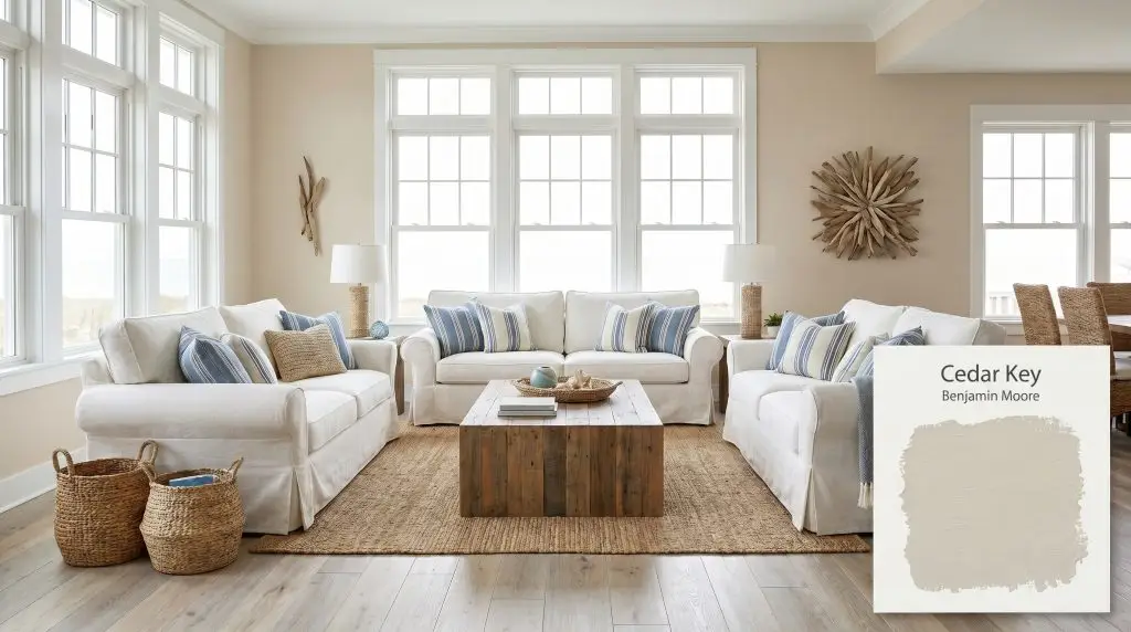 Slipcovered white linen sofas rest on weathered oak flooring inside a relaxed coastal living room featuring Cedar Key (Hex #D7CEBF) walls.