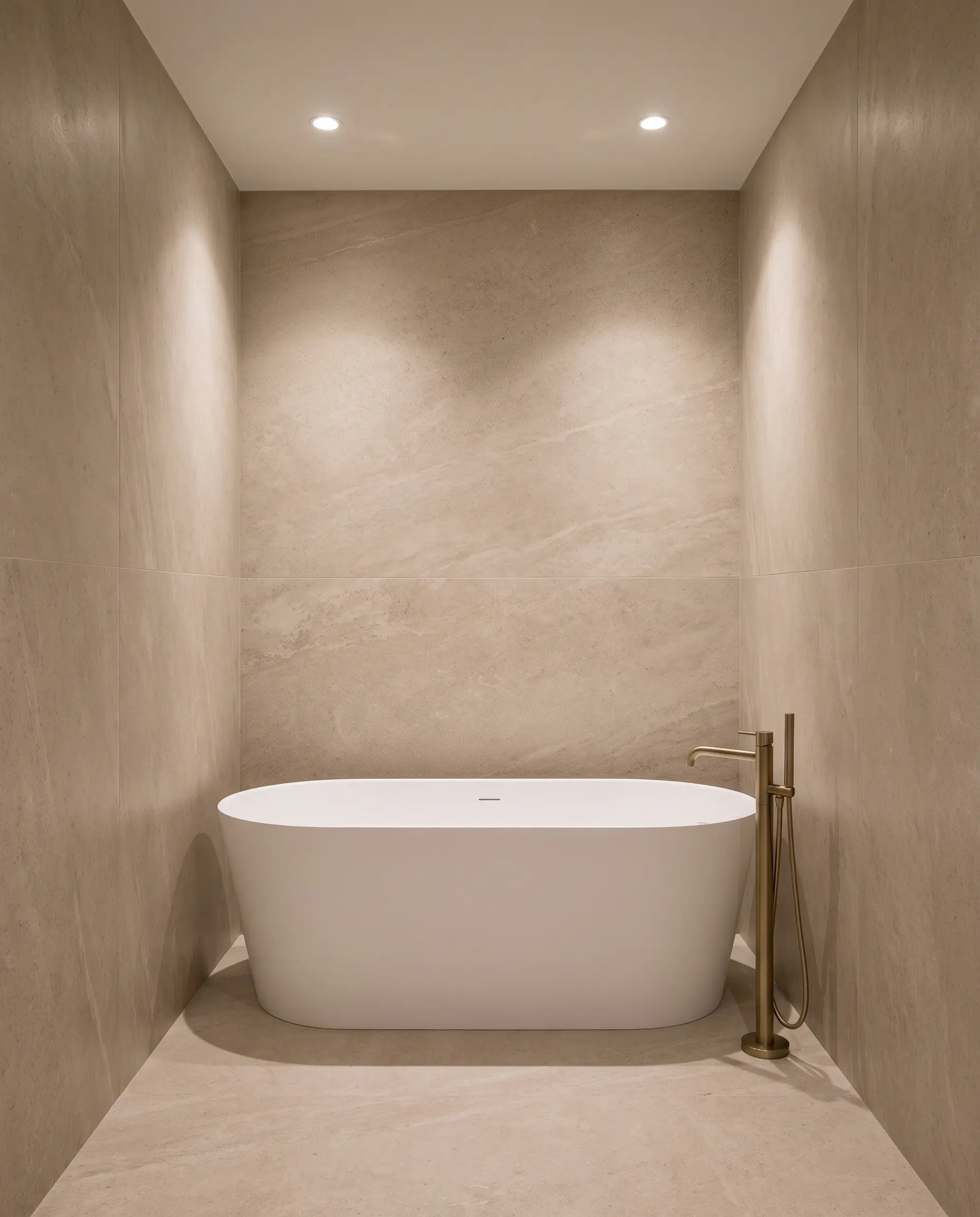 Warm beige large-format porcelain slabs wrap the walls and floor around a minimalist freestanding white resin bathtub and brushed brass tub filler.