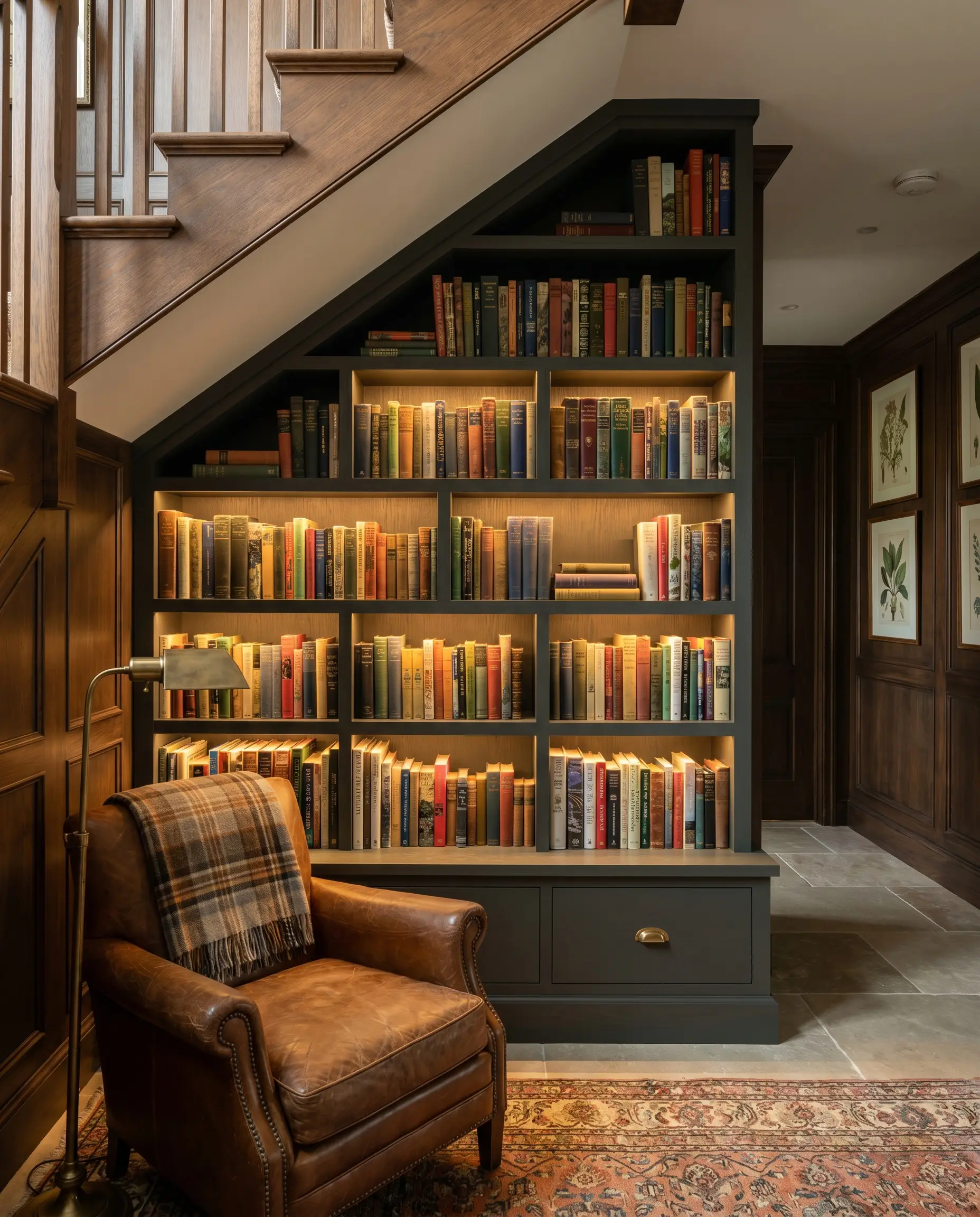 Rift-sawn white oak millwork painted in Farrow and Ball Studio Green transforms an under-stair alcove into a functional mini library design.