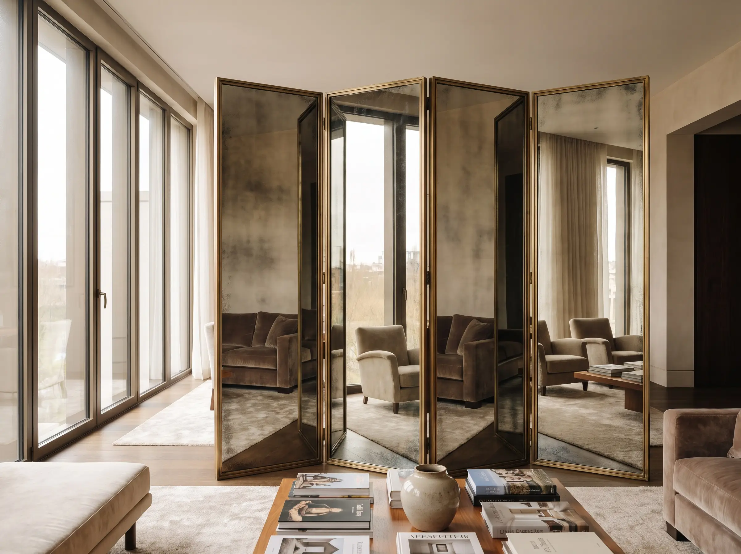 A multi-panel room divider featuring sophisticated smoked mirrors set in elegant brass framing stands opposite a large window, reflecting plush furniture in a contemporary living space.