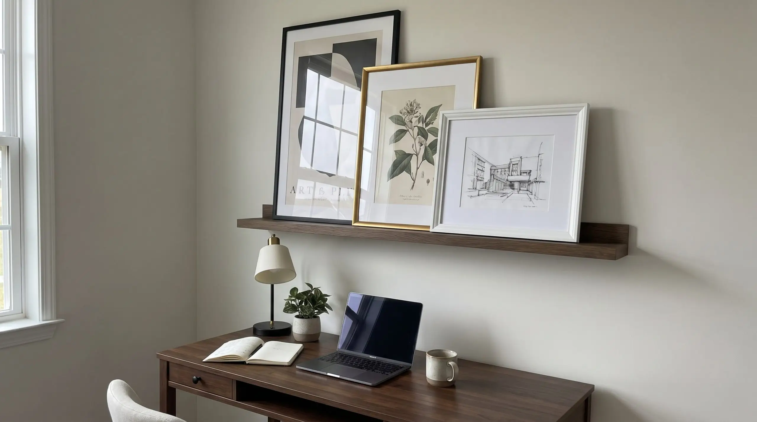 Three overlapping framed posters of varying heights rest on a smoked oak floating picture ledge installed above a wooden home office desk.
