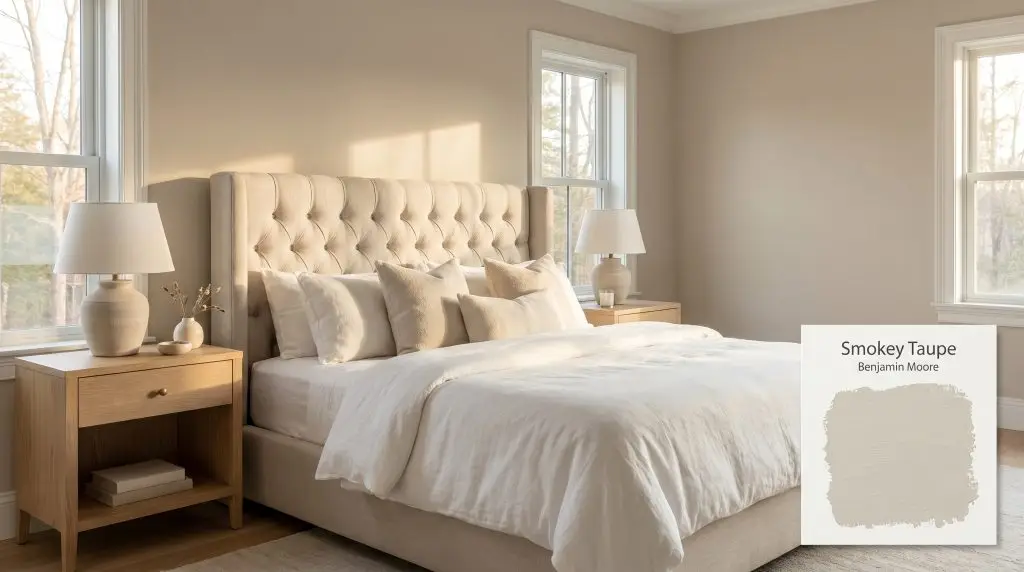 A tufted bed, light oak nightstands, and crisp white linens anchor a serene bedroom painted in Benjamin Moore Smokey Taupe (Hex #CDC4B5).