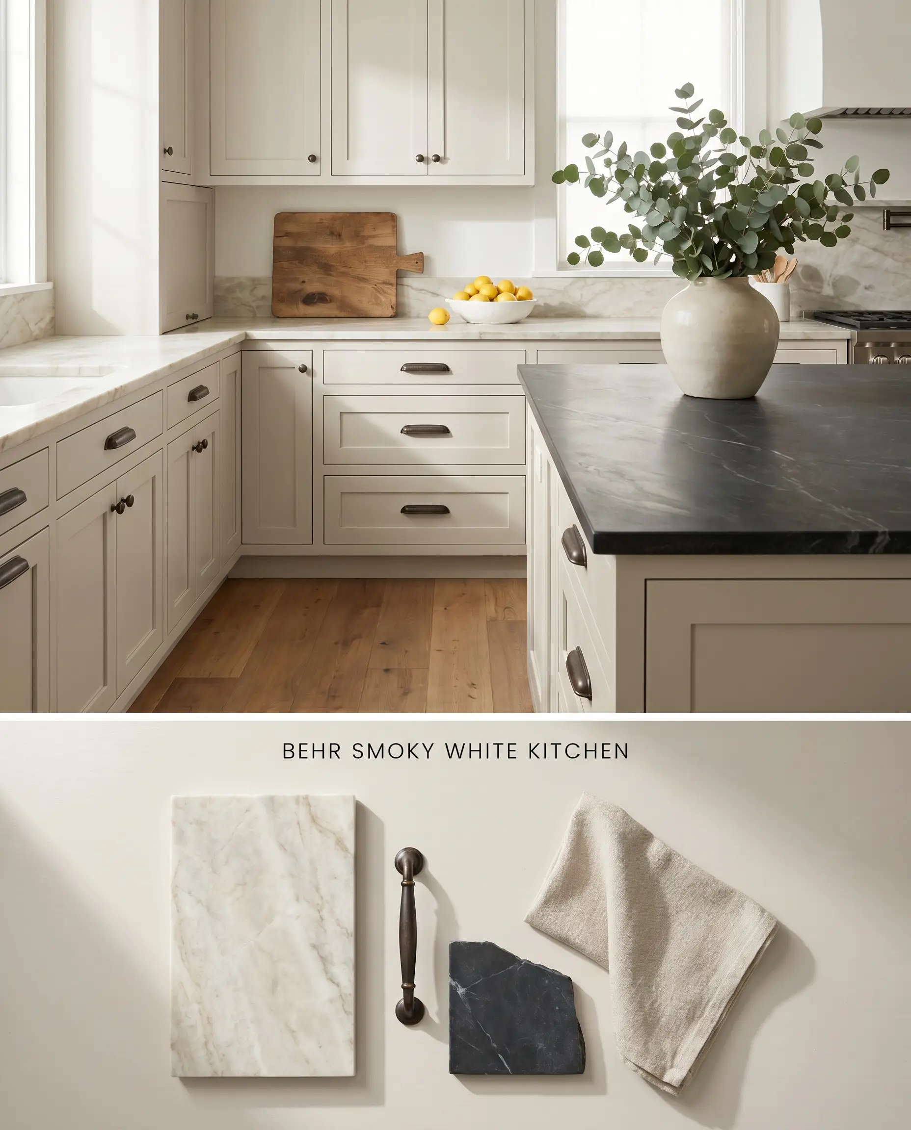 A split digital conceptual board for a kitchen showcasing Smoky White BWC-13 inset cabinetry above a flat-lay of Taj Mahal quartzite and oil-rubbed bronze.