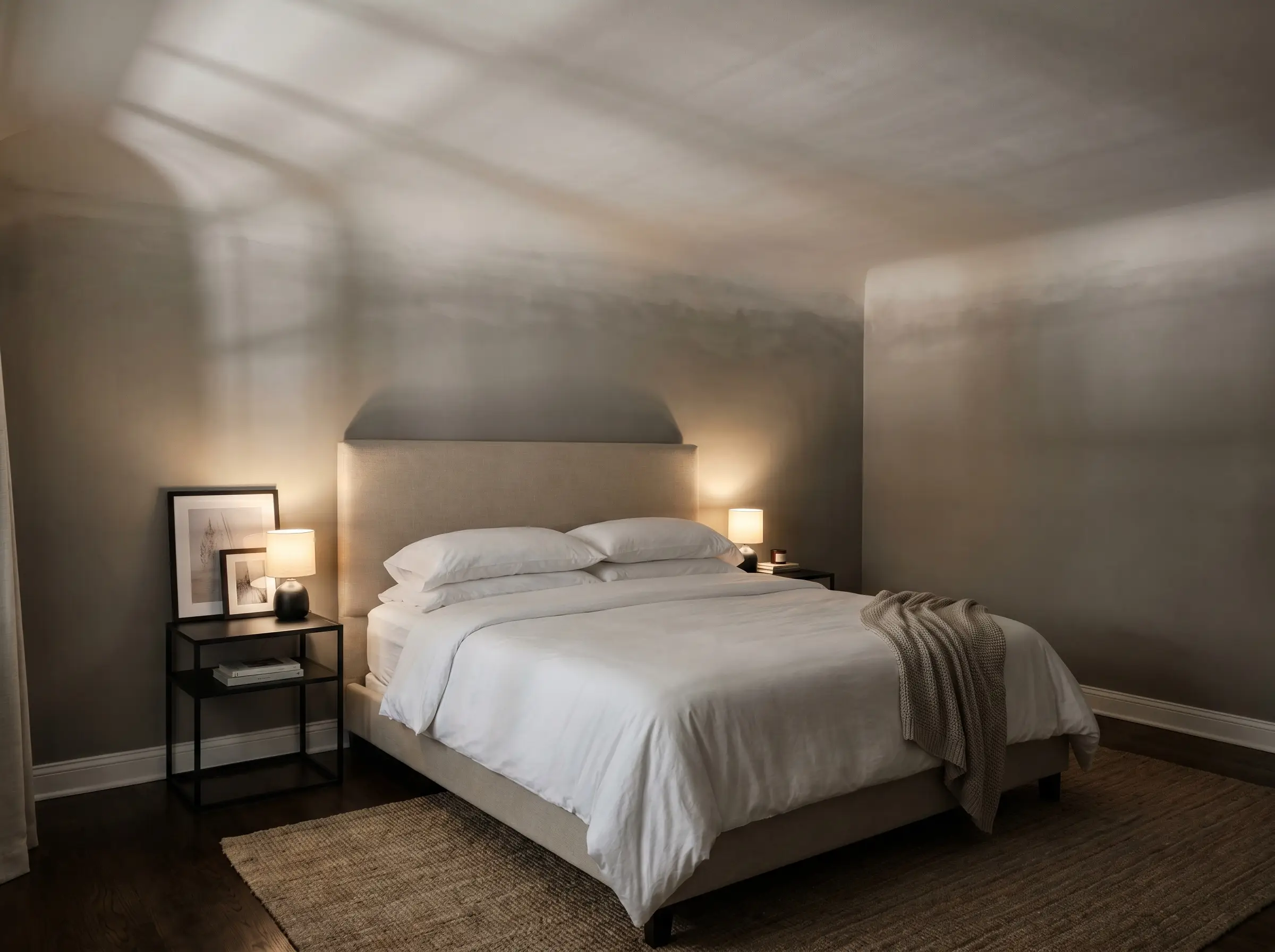 A simple upholstered headboard and matte black nightstands stand against greige walls that blend seamlessly into a moody gray-white ceiling.