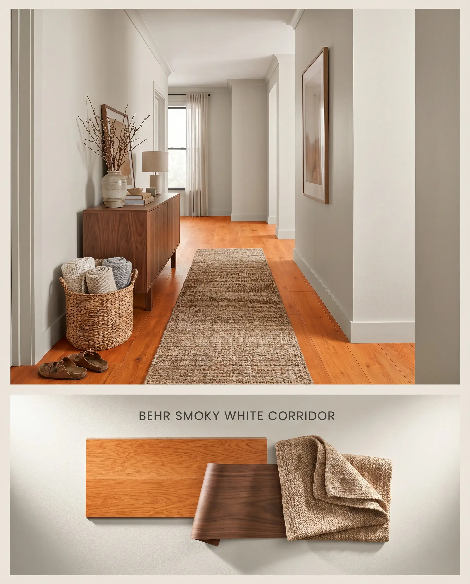 A split digital conceptual board for a transitional corridor painted in Smoky White BWC-13, displayed over a textured flat-lay of oak wood and woven jute.