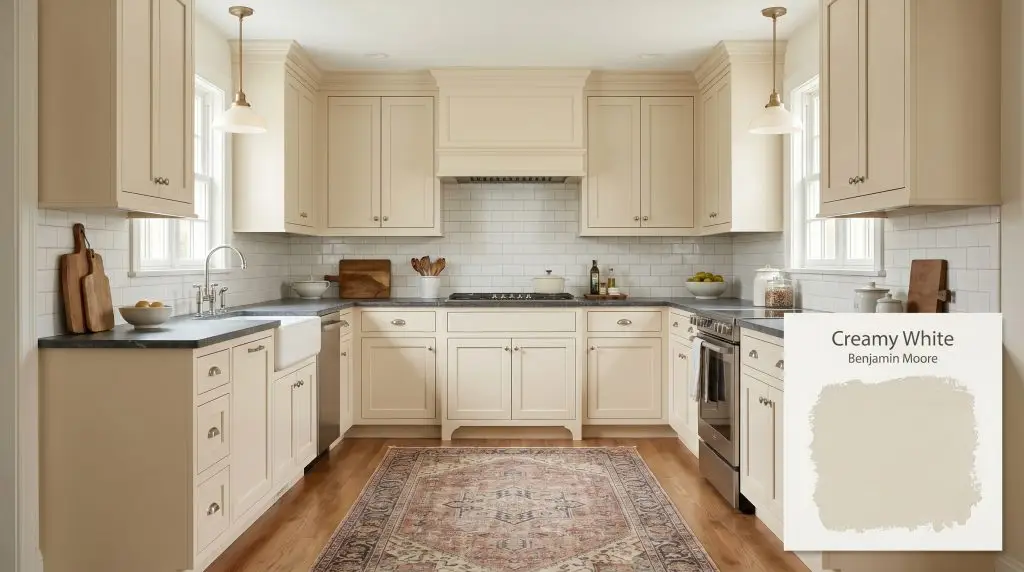 Soapstone countertops and a subway tile backsplash are paired with warm bisque cabinetry painted in Benjamin Moore Creamy White (Hex #E3DCC8).