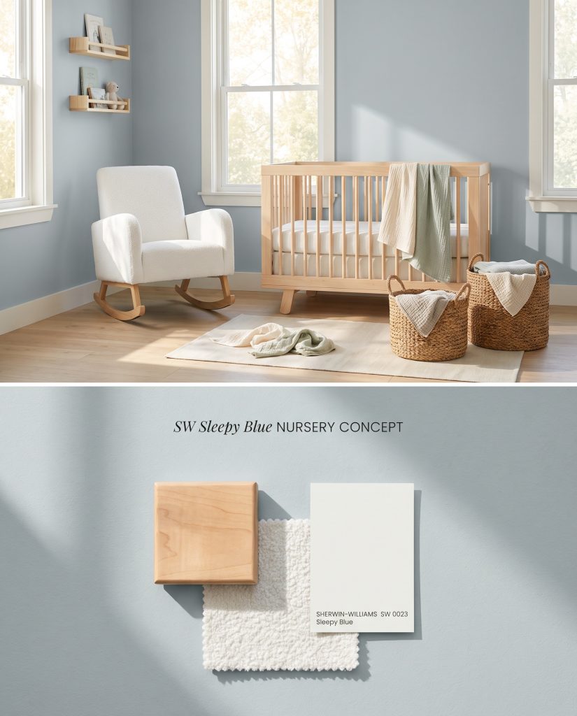 A split conceptual board illustrating a calming blue nursery on the top half, and natural maple wood with boucle fabric samples below.