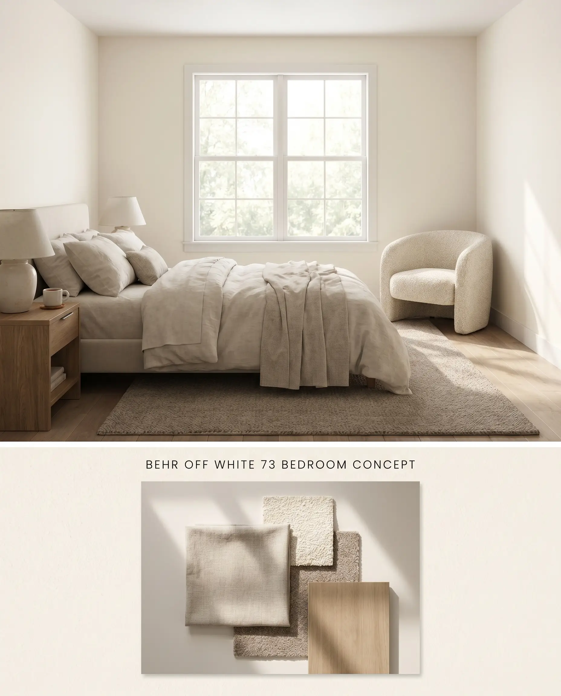 Displaying a split digital conceptual board for a restful retreat, highlighting a soft neutral cast in the bedroom scene and tactile fabric samples below.