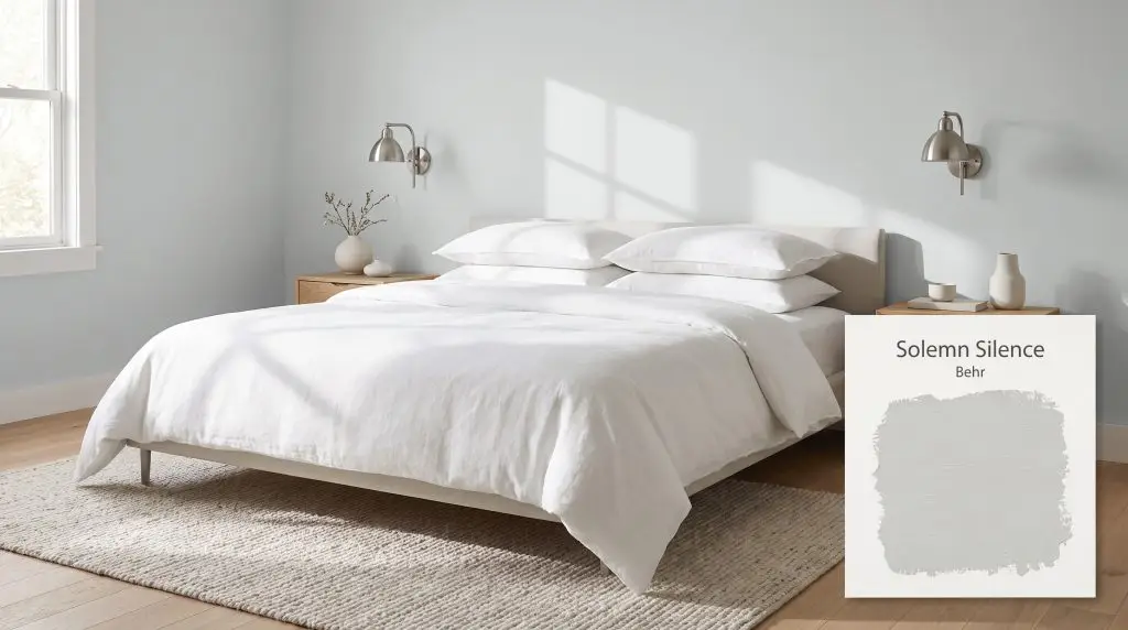 Crisp white linen bedding and a modern platform bed rest against a wall painted in Behr Solemn Silence (Hex #d3d8d8) under soft morning light.