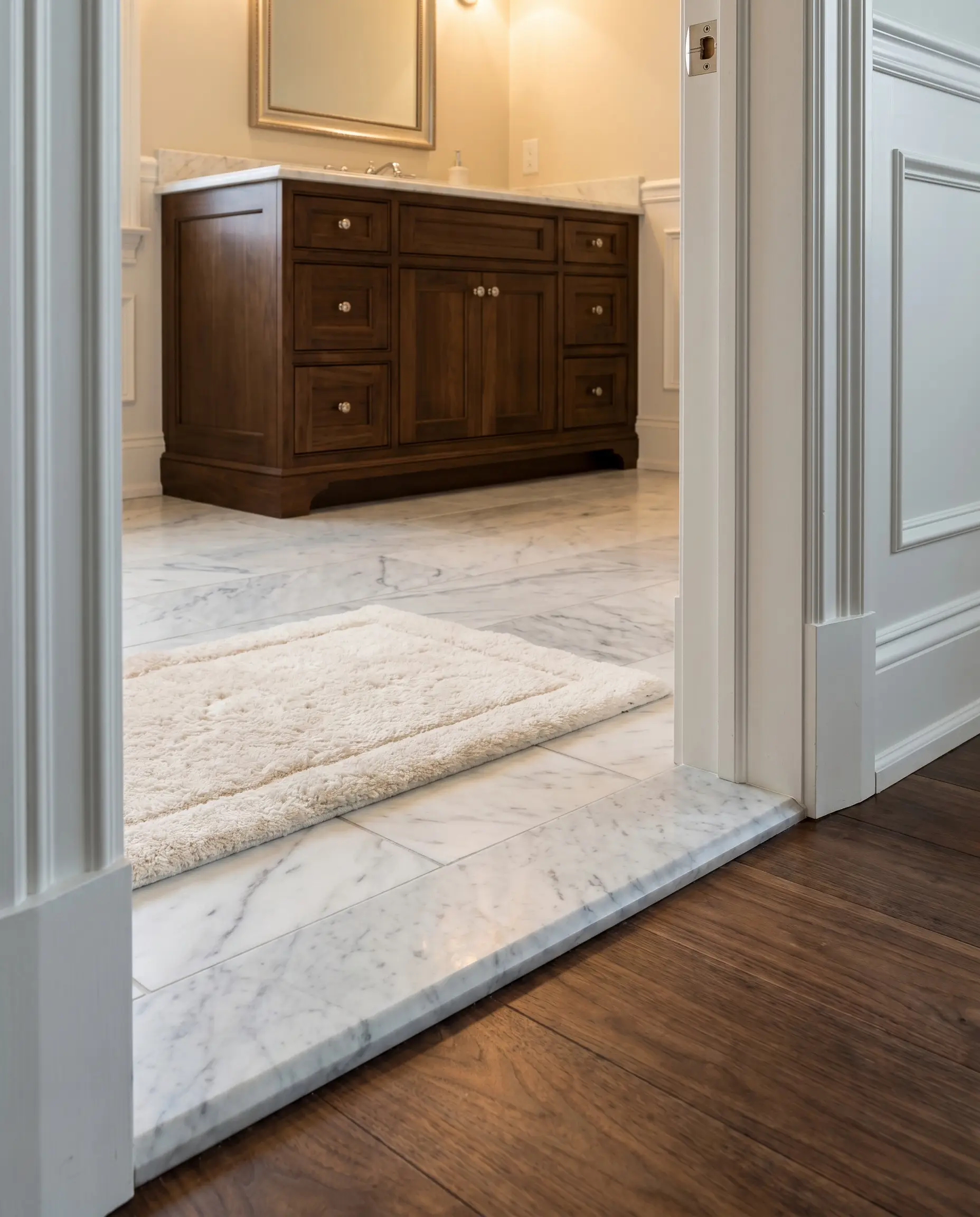 A 2-inch wide solid Carrara marble saddle with a custom bevel acts as a solid ramp between a tiled bathroom floor and dark walnut hardwood.
