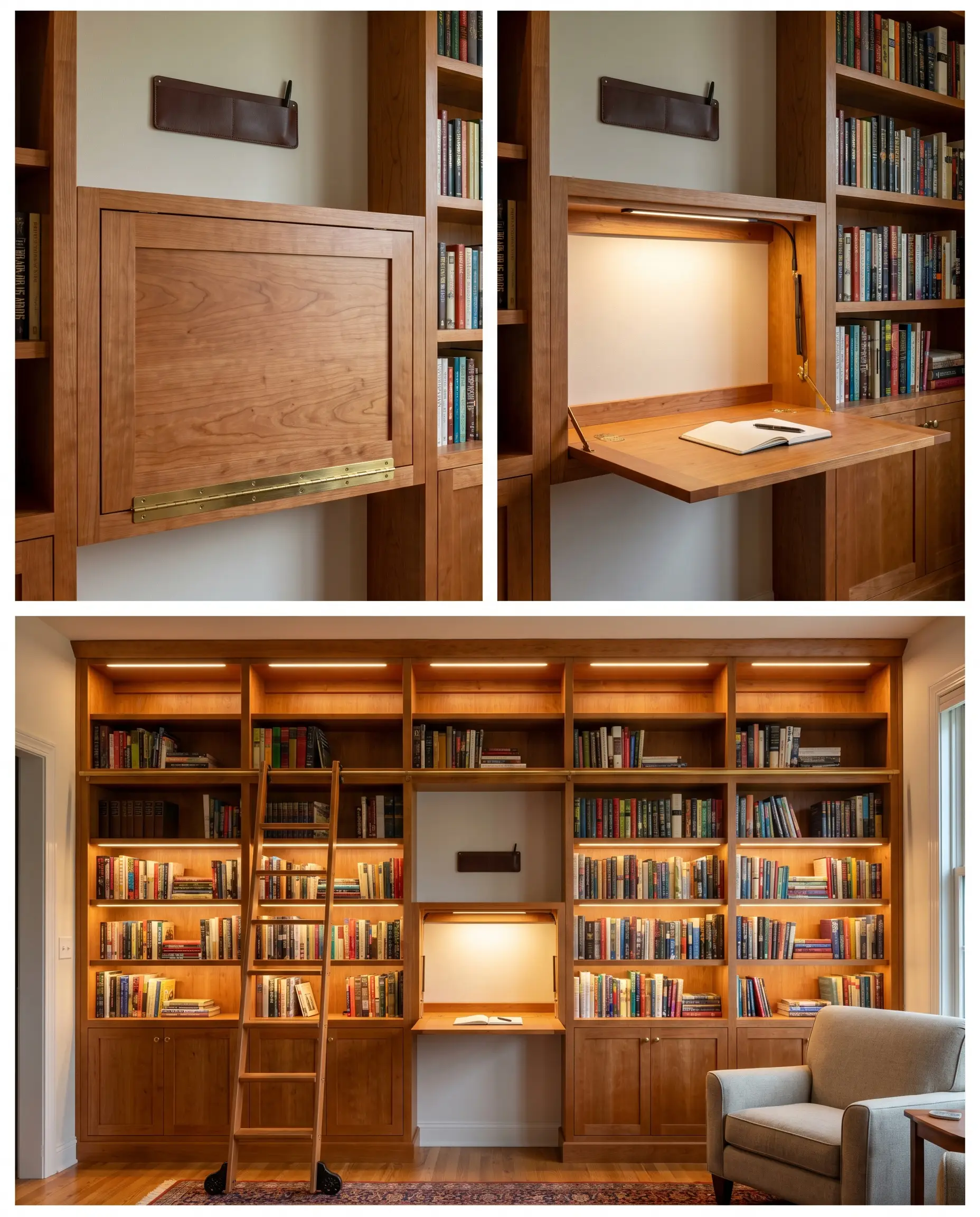 A solid cherry wood drop-leaf desk with heavy-duty piano hinges integrates directly into a bookshelf framework beneath a magnetic leather pen holder.