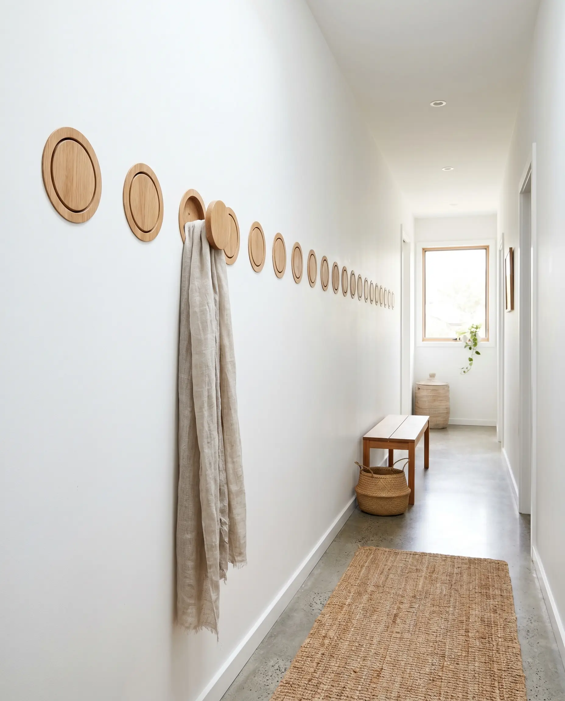 Solid oak retractable circular hooks mount seamlessly onto a stark white wall, with one peg extended to hold a lightweight linen scarf.